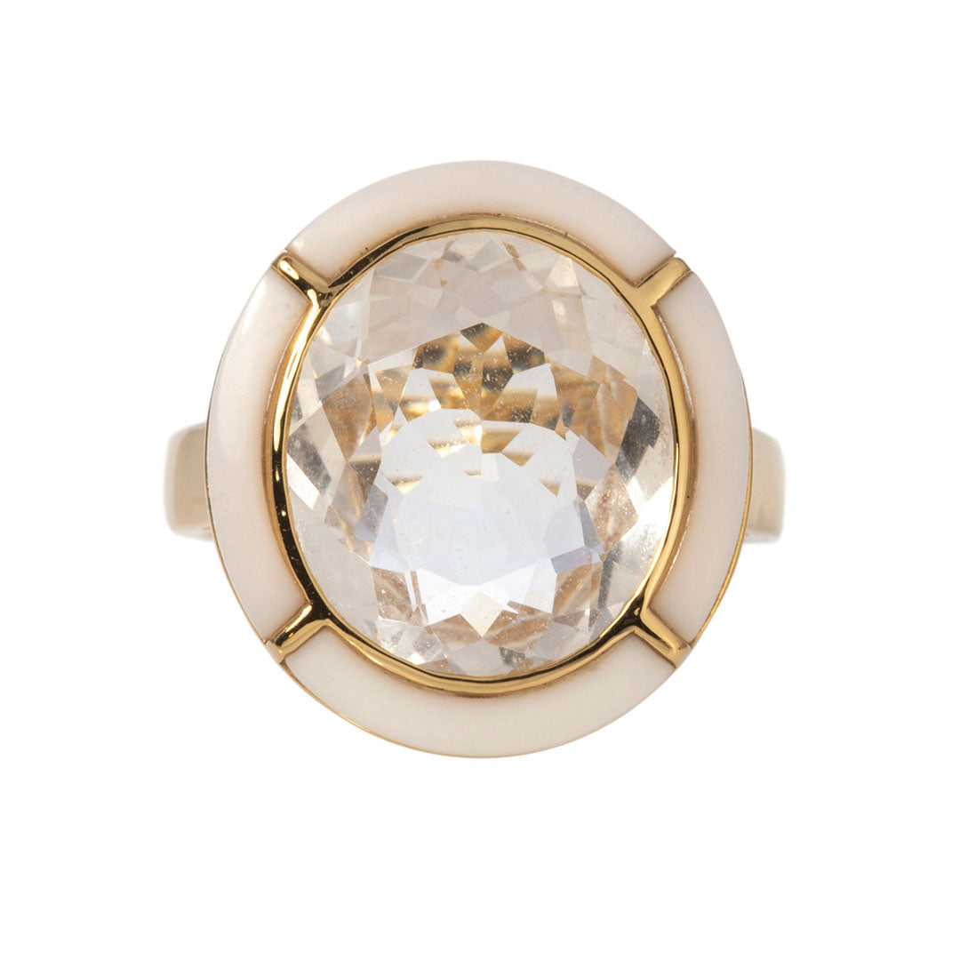 Goshwara Oval Rock Crystal & White Agate Inlay 18K Gold Ring