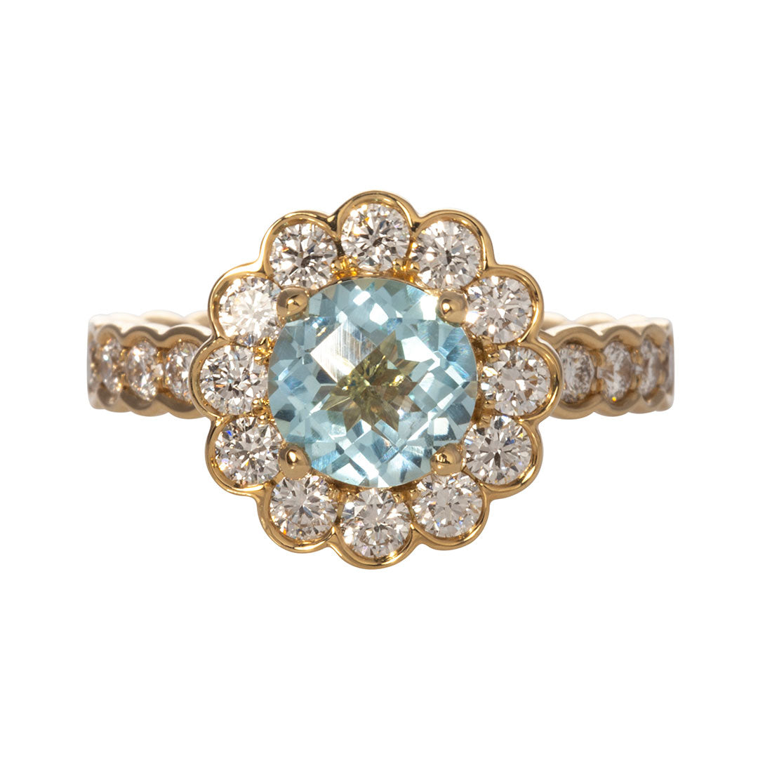 Blue Topaz & Diamond Cluster 18K Yellow Gold Ring