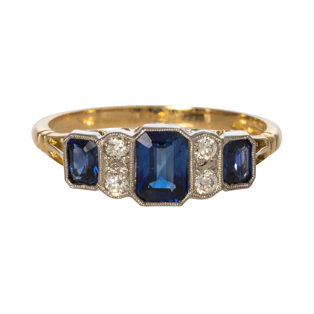 Art Deco Style Three Stone Sapphire & Diamond Ring
