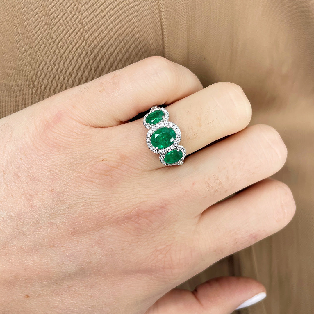 Three Stone Oval Emerald & Diamond Halo Platinum Ring