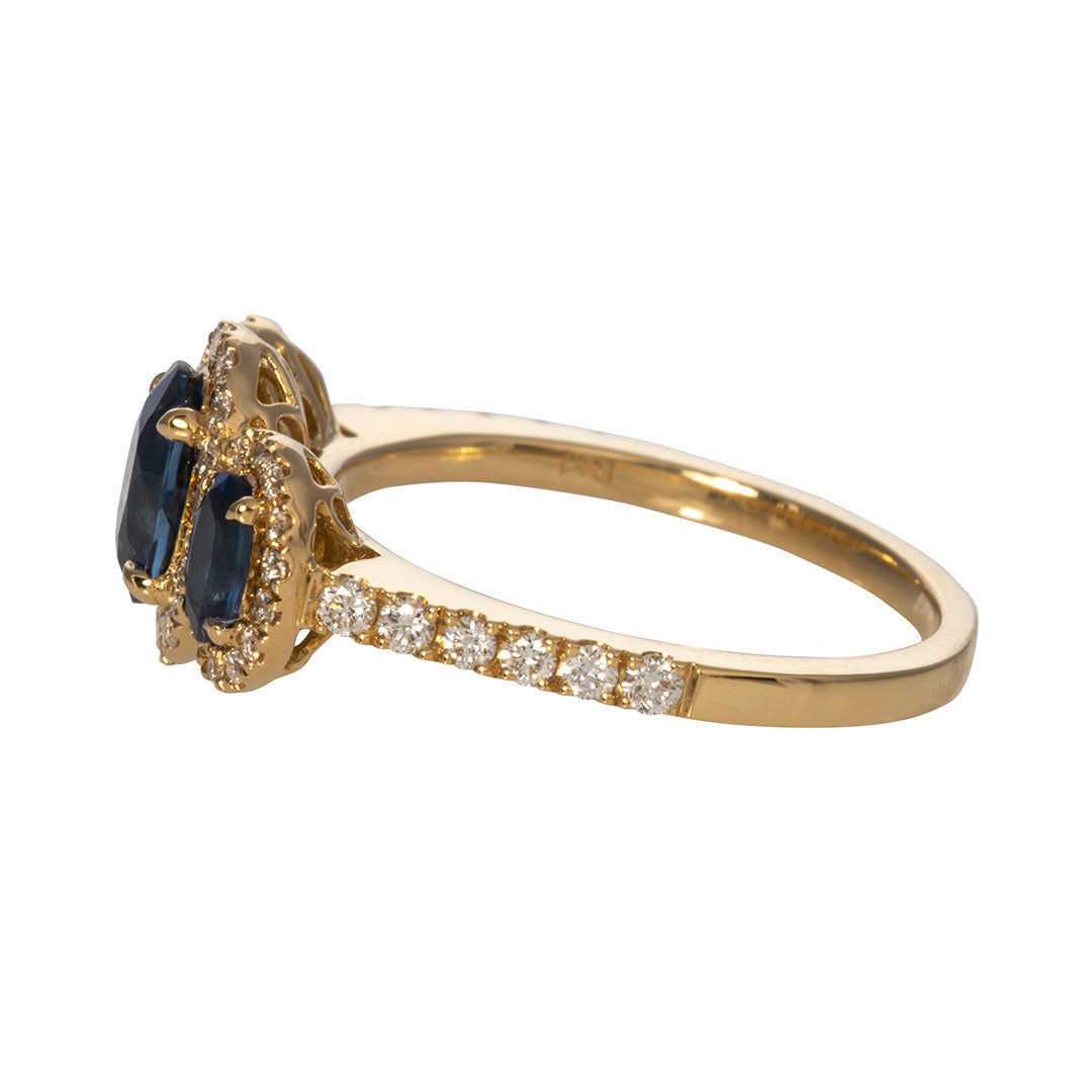 Three Stone Oval Sapphire & Diamond Halo 14K Yellow Gold Ring