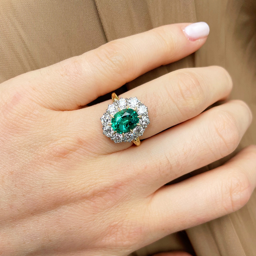 Victorian Style 1.99ct Emerald & Diamond Cluster Engagement Ring
