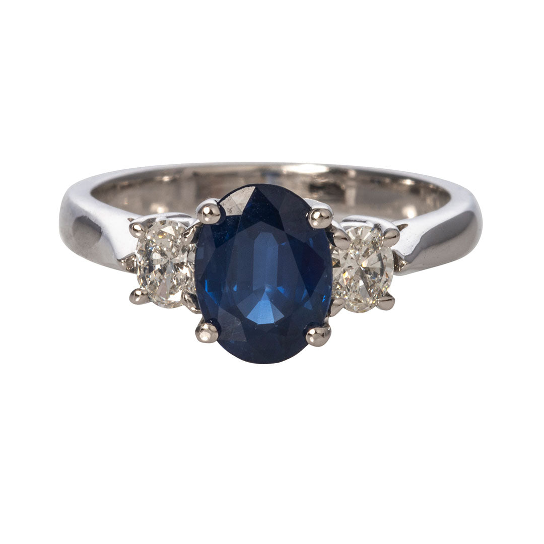 1.65ct Oval Sapphire & Diamond Three Stone 18K Gold Ring