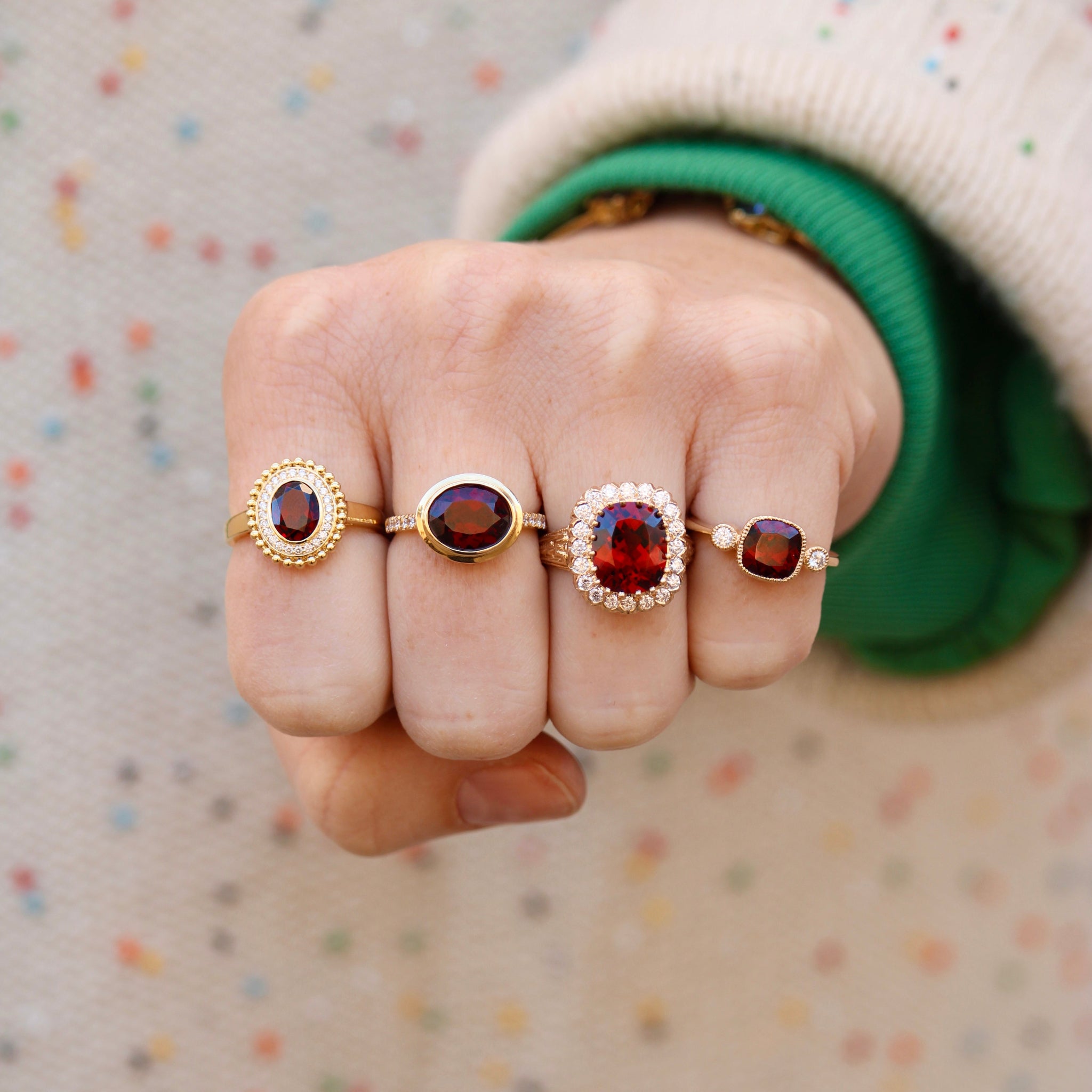 Garnet & Diamond Cluster 14K Yellow Gold Ring