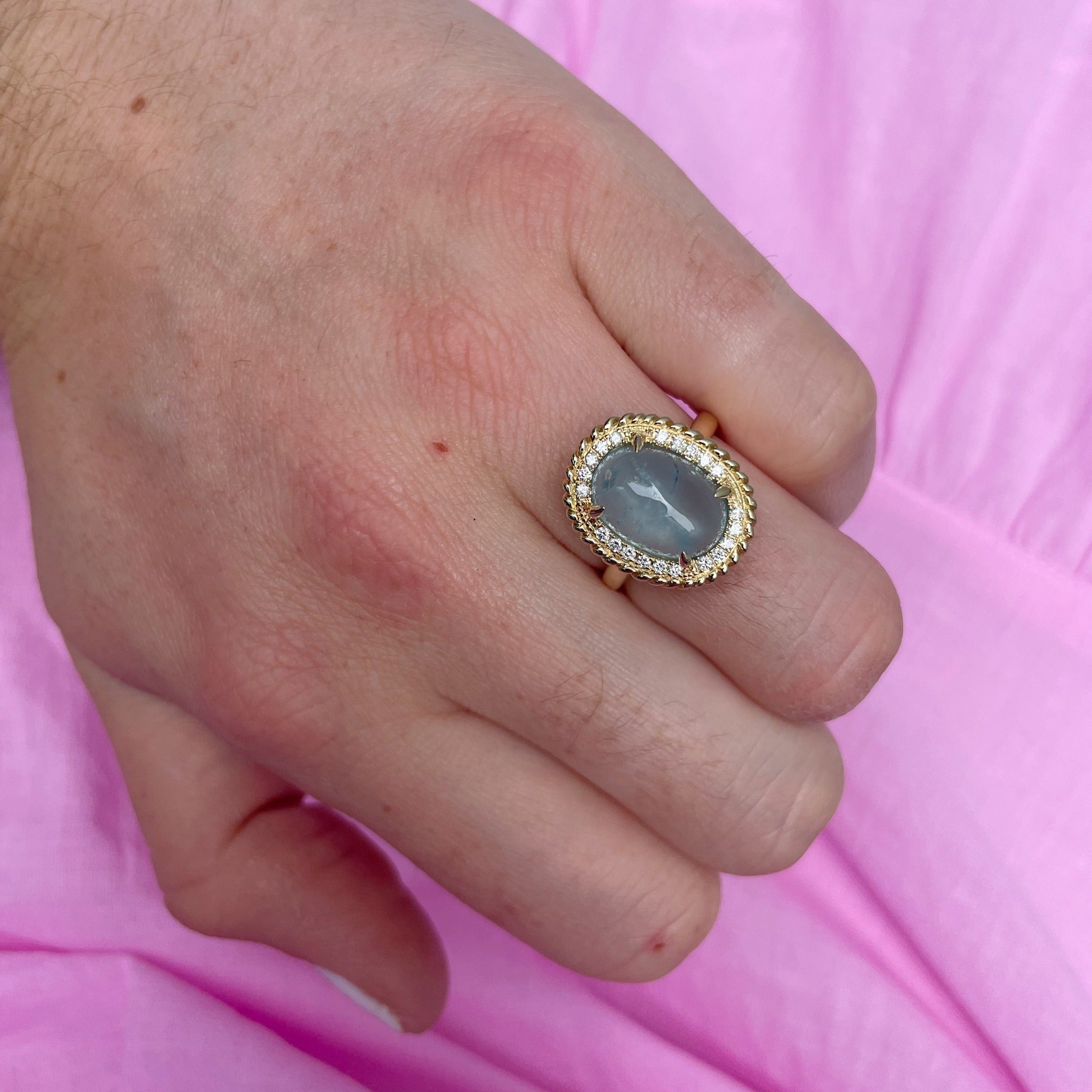 Oval Cabochon Aquamarine & Diamond 14K Gold Ring