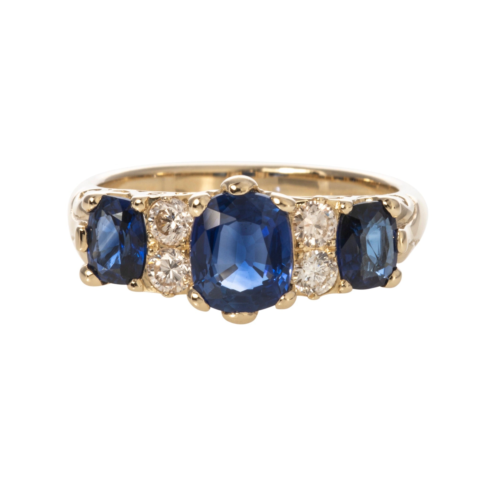 Victorian Style 3 Stone Sapphire & Diamond 18K Gold Ring