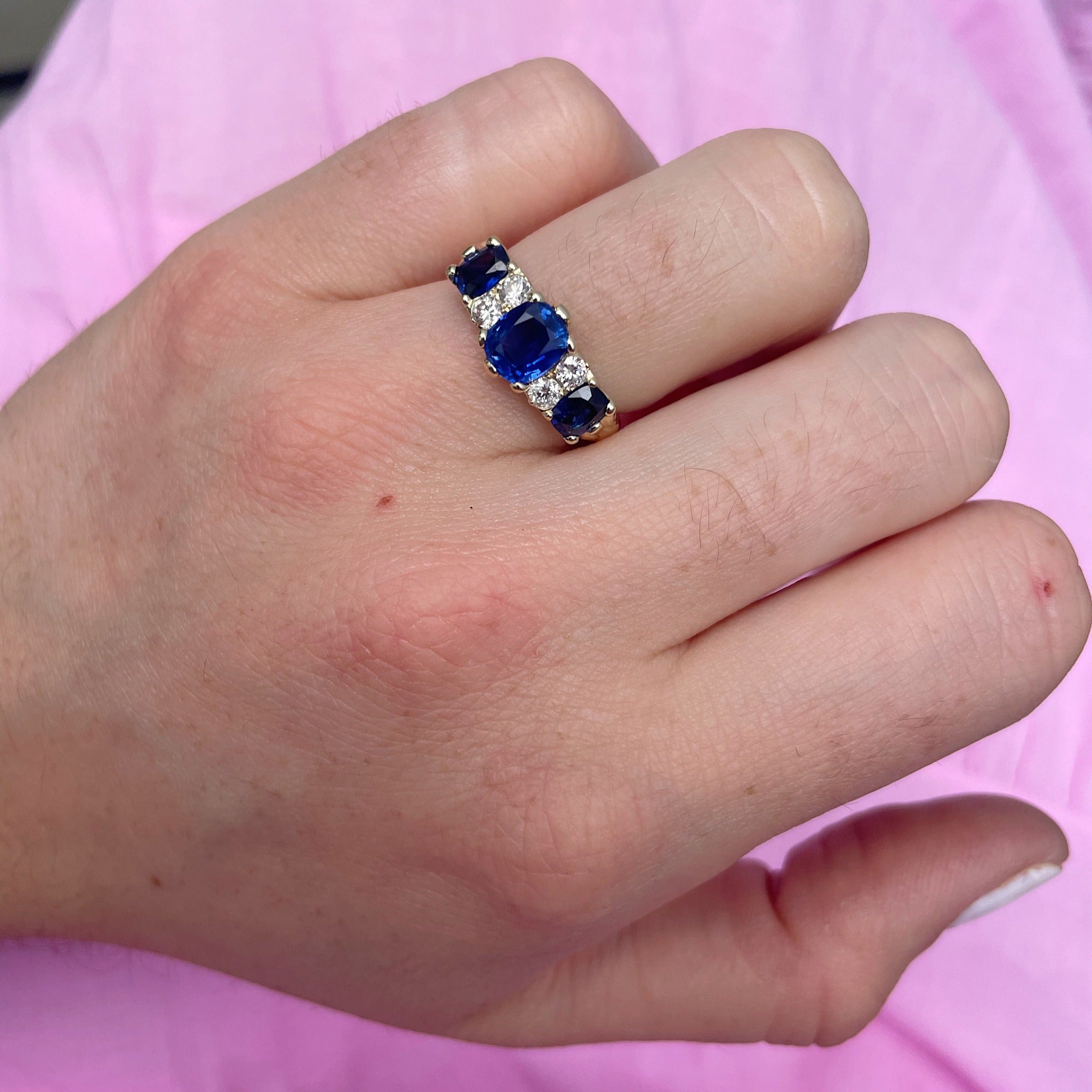 Victorian Style 3 Stone Sapphire & Diamond 18K Gold Ring