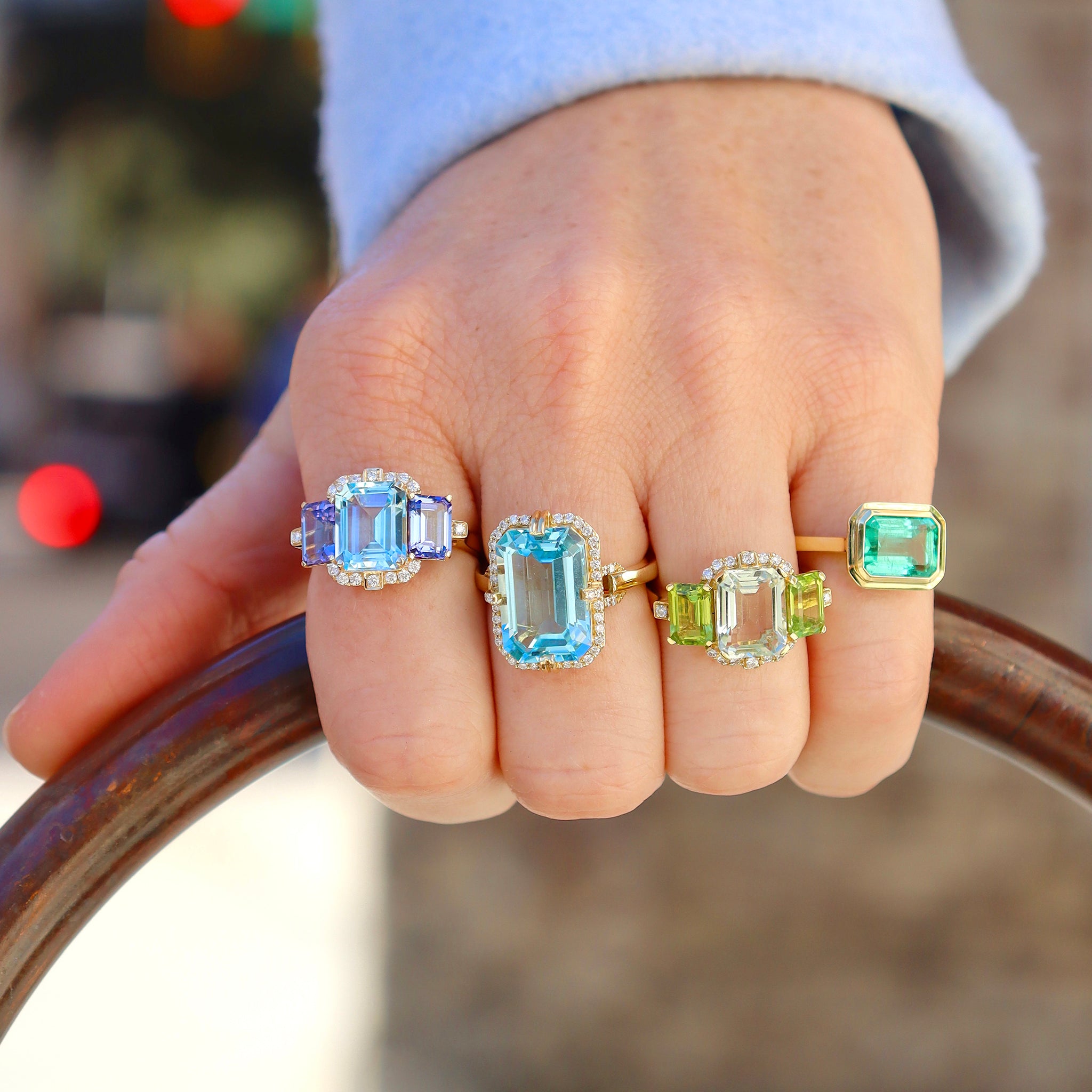 Goshwara 3 Stone Blue Topaz & Tanzanite 18K Gold Ring, Goshwara Emerald Cut Blue Topaz & Diamond 18K Gold Ring