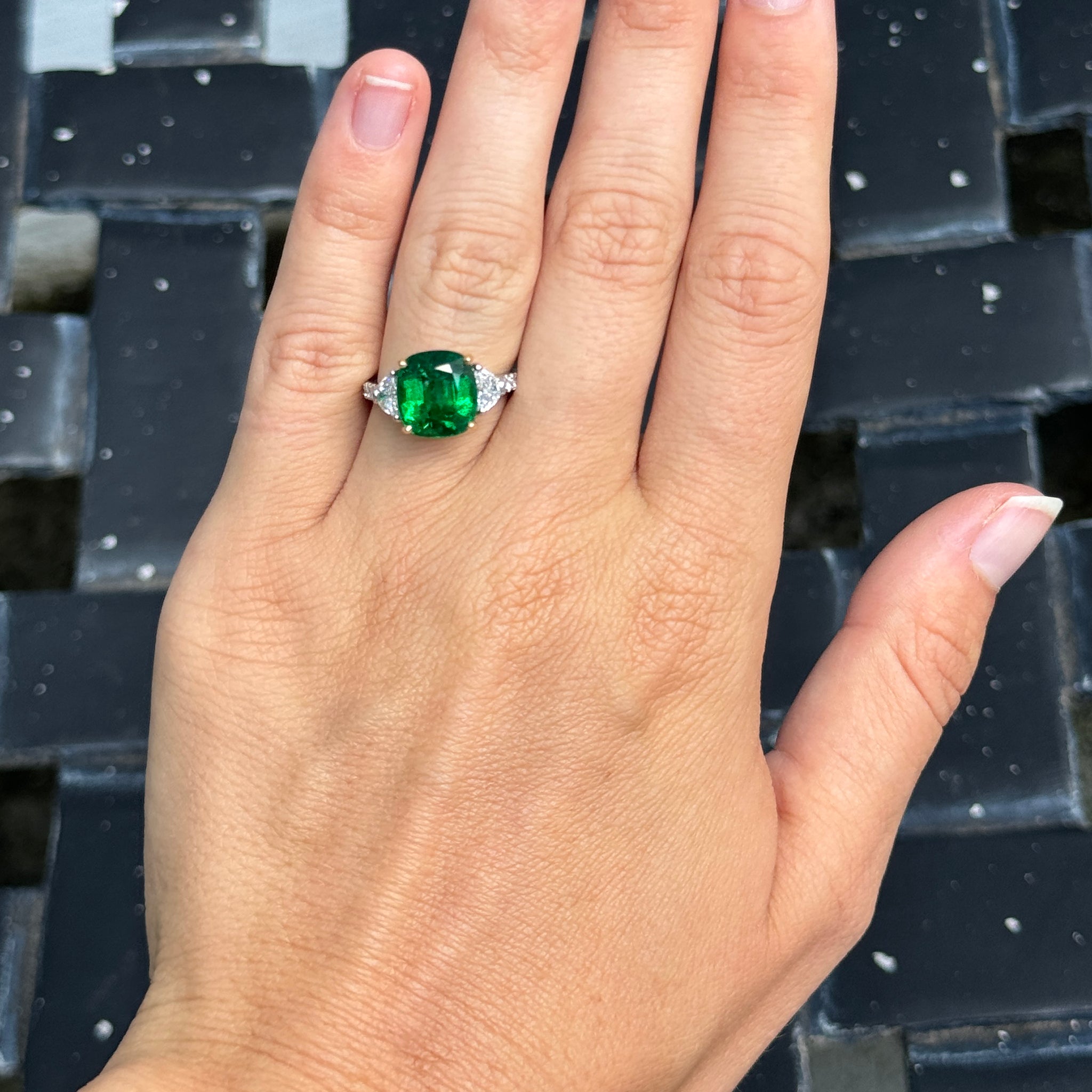 Cushion Emerald Half-Moon Diamond 18K Gold Platinum Ring