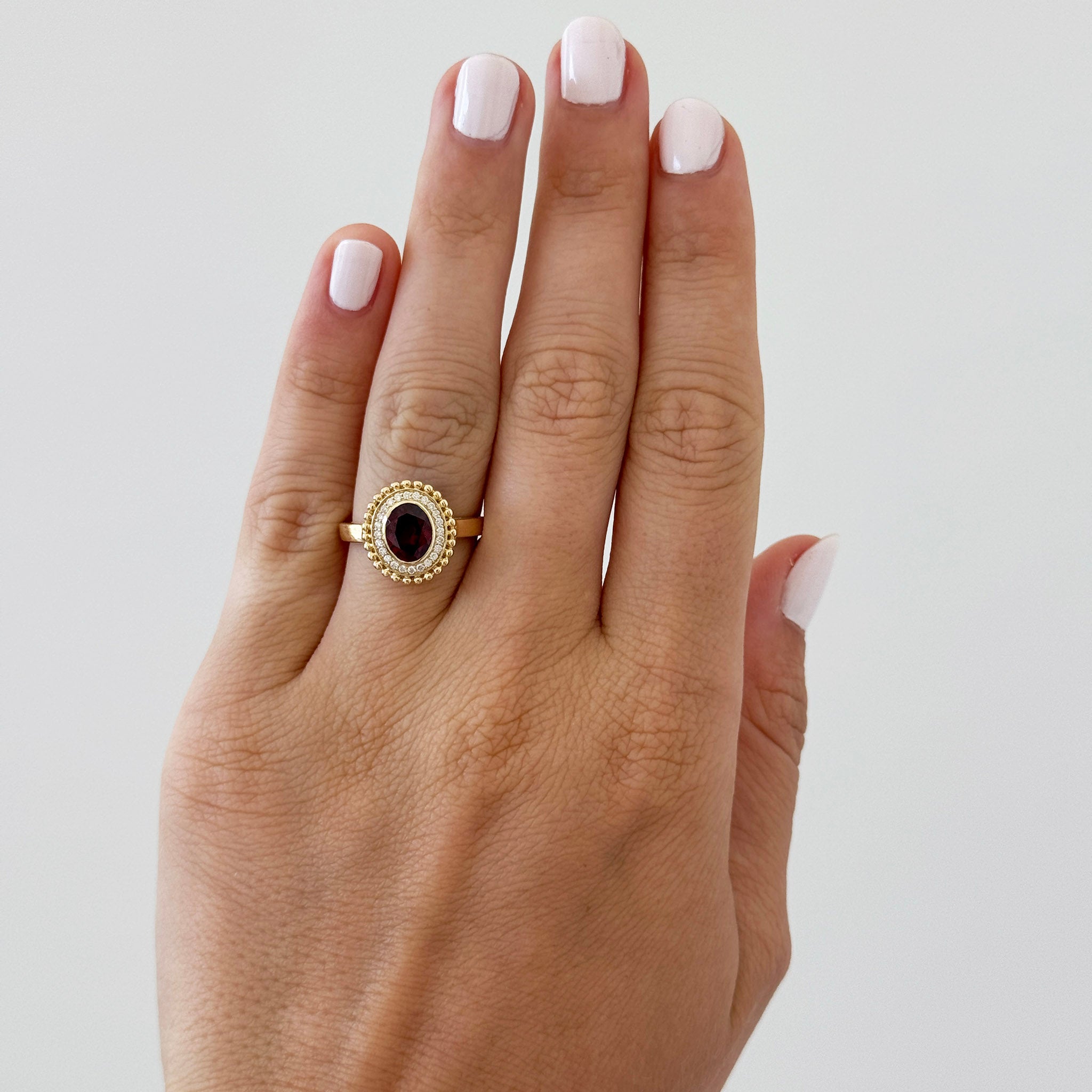 Oval Garnet & Diamond 18K Yellow Gold Beaded Ring