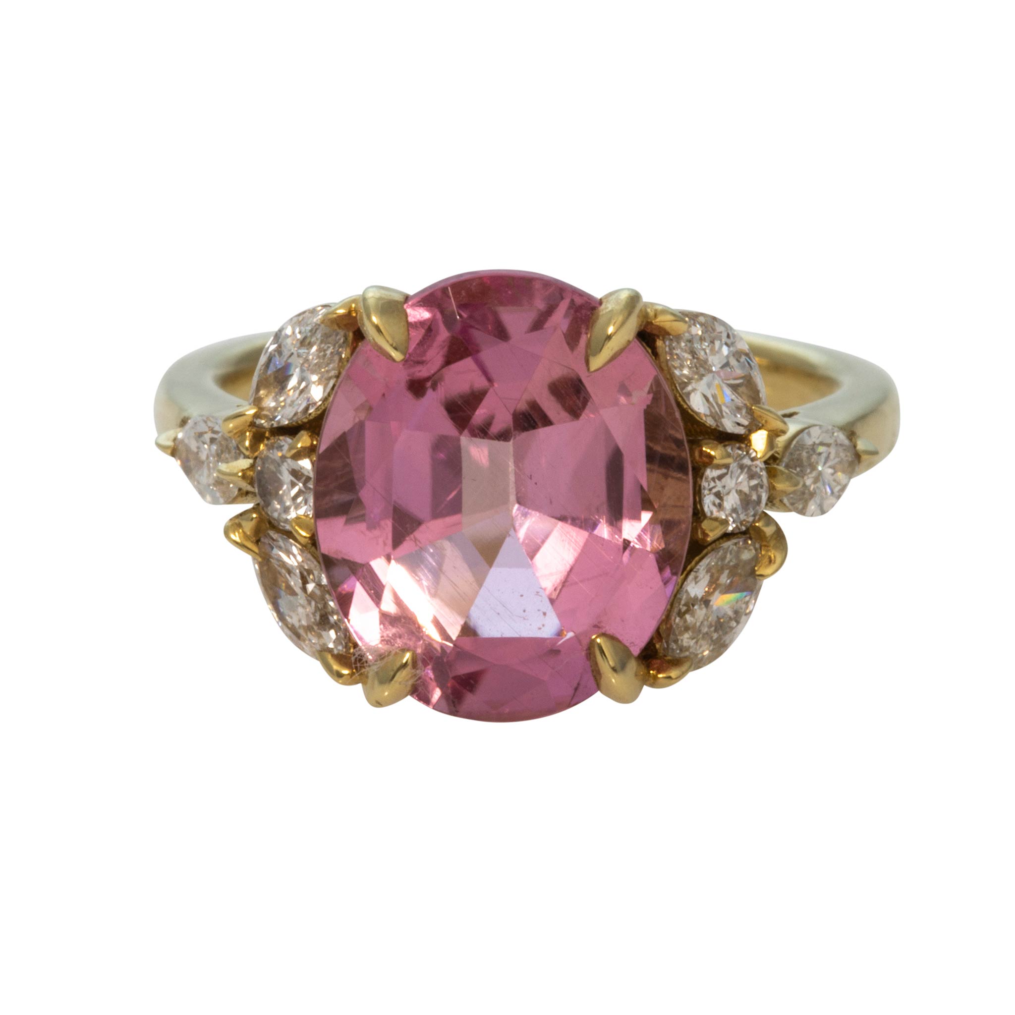 5ct Oval Pink Tourmaline & Diamond 18K Yellow Gold Ring