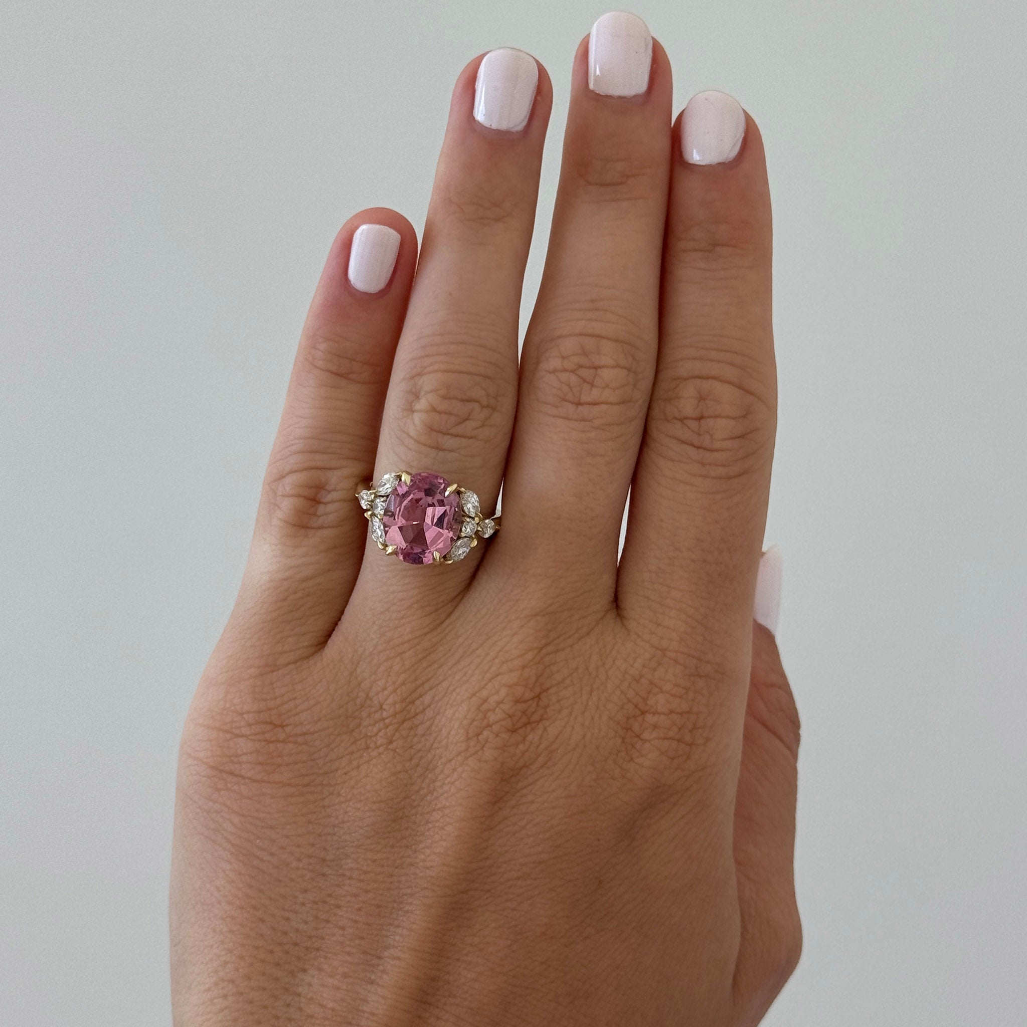 5ct Oval Pink Tourmaline & Diamond 18K Yellow Gold Ring