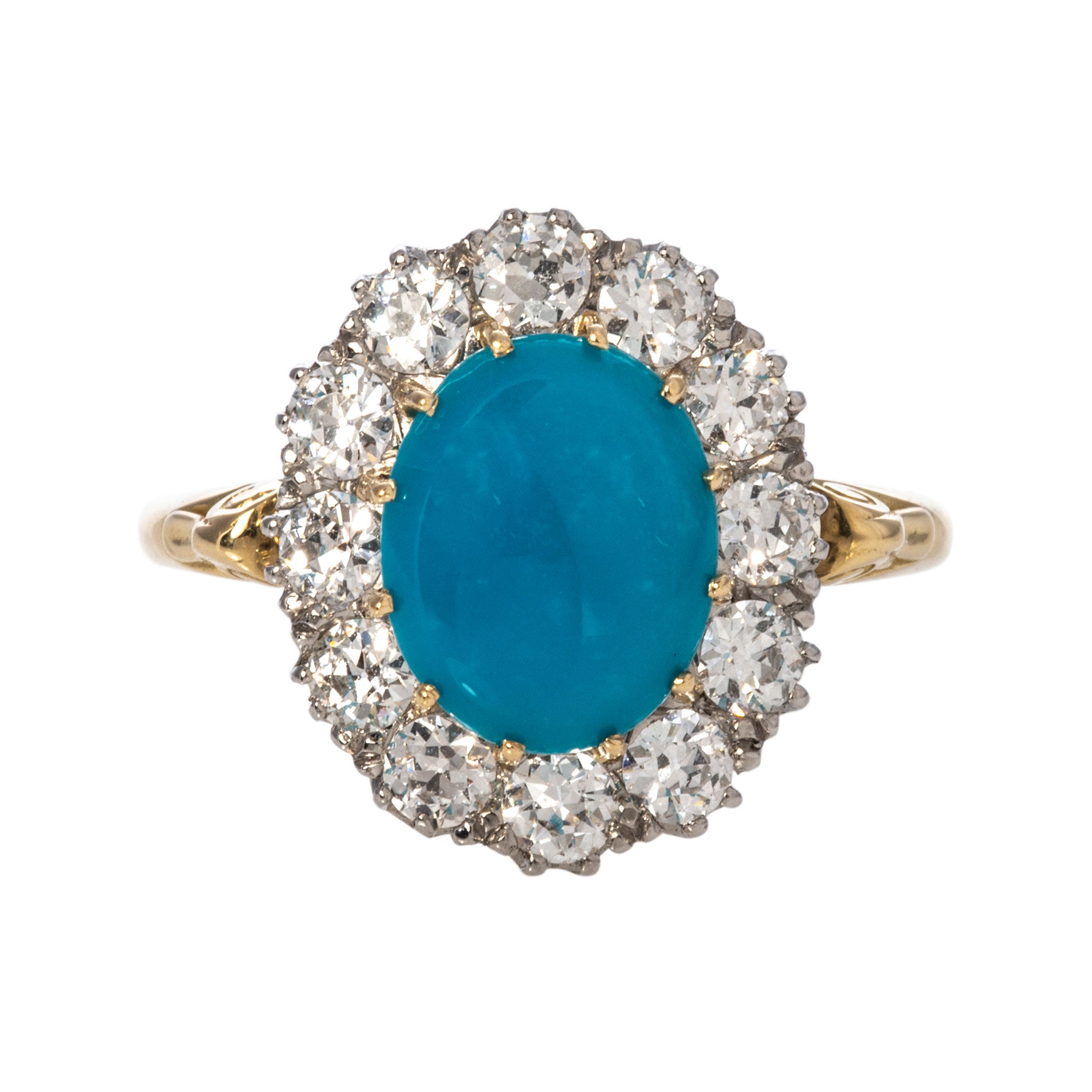 Victorian-Style Oval Turquoise & Diamond Cluster Ring