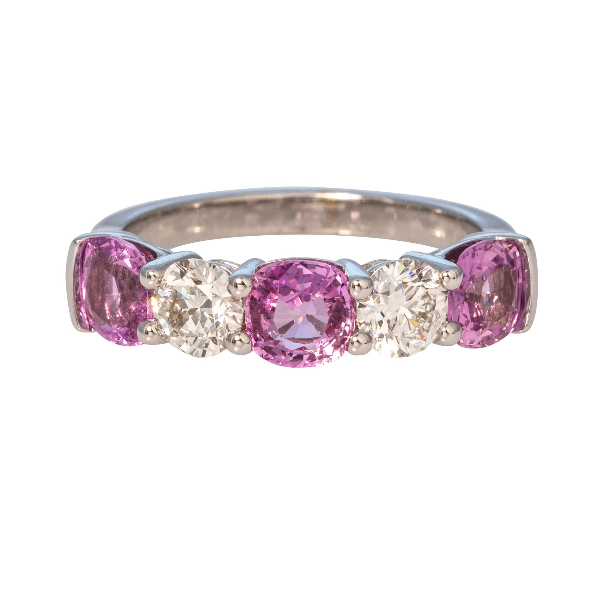 Cushion Pink Sapphire & Round Diamond 18K White Gold Band
