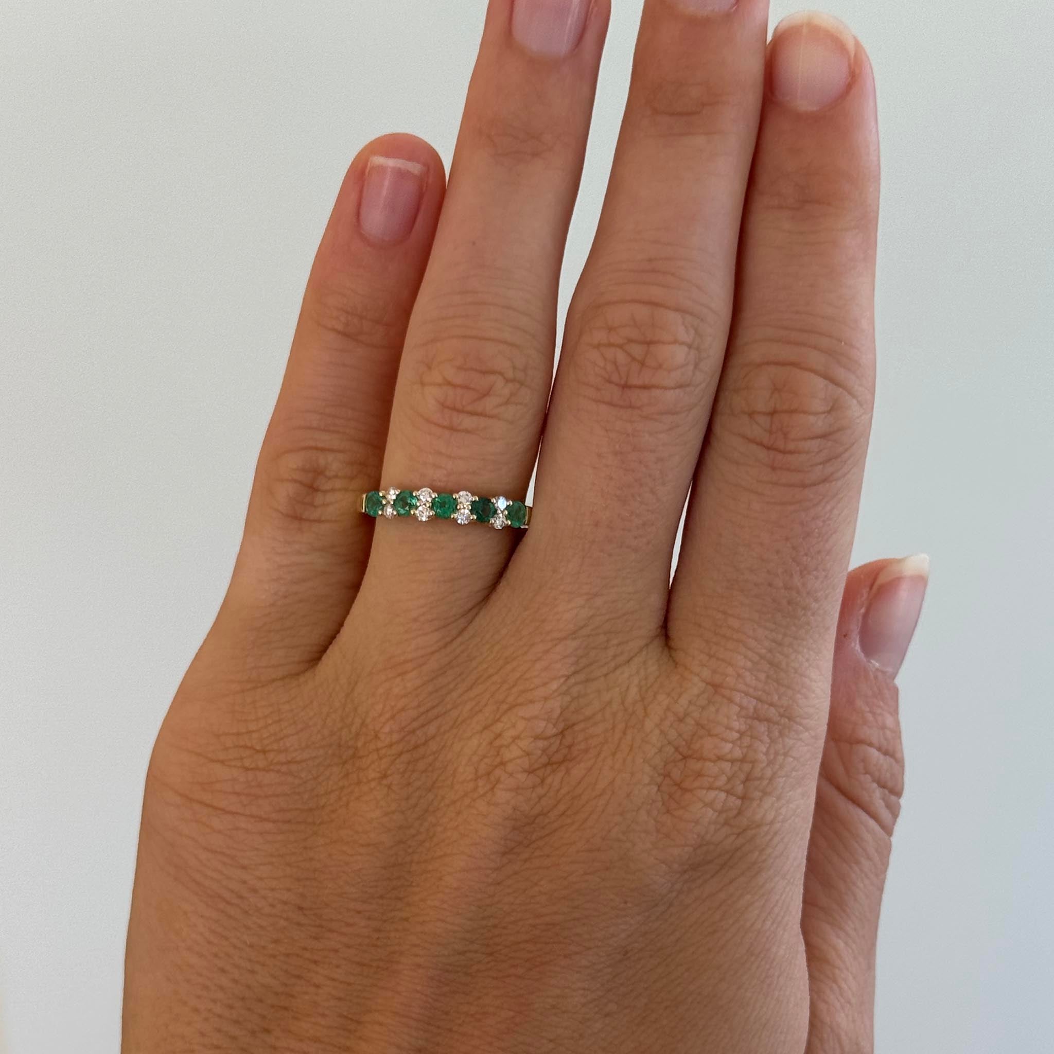 Round Emerald 5-Stone & Round Diamond 14K Yellow Gold Band