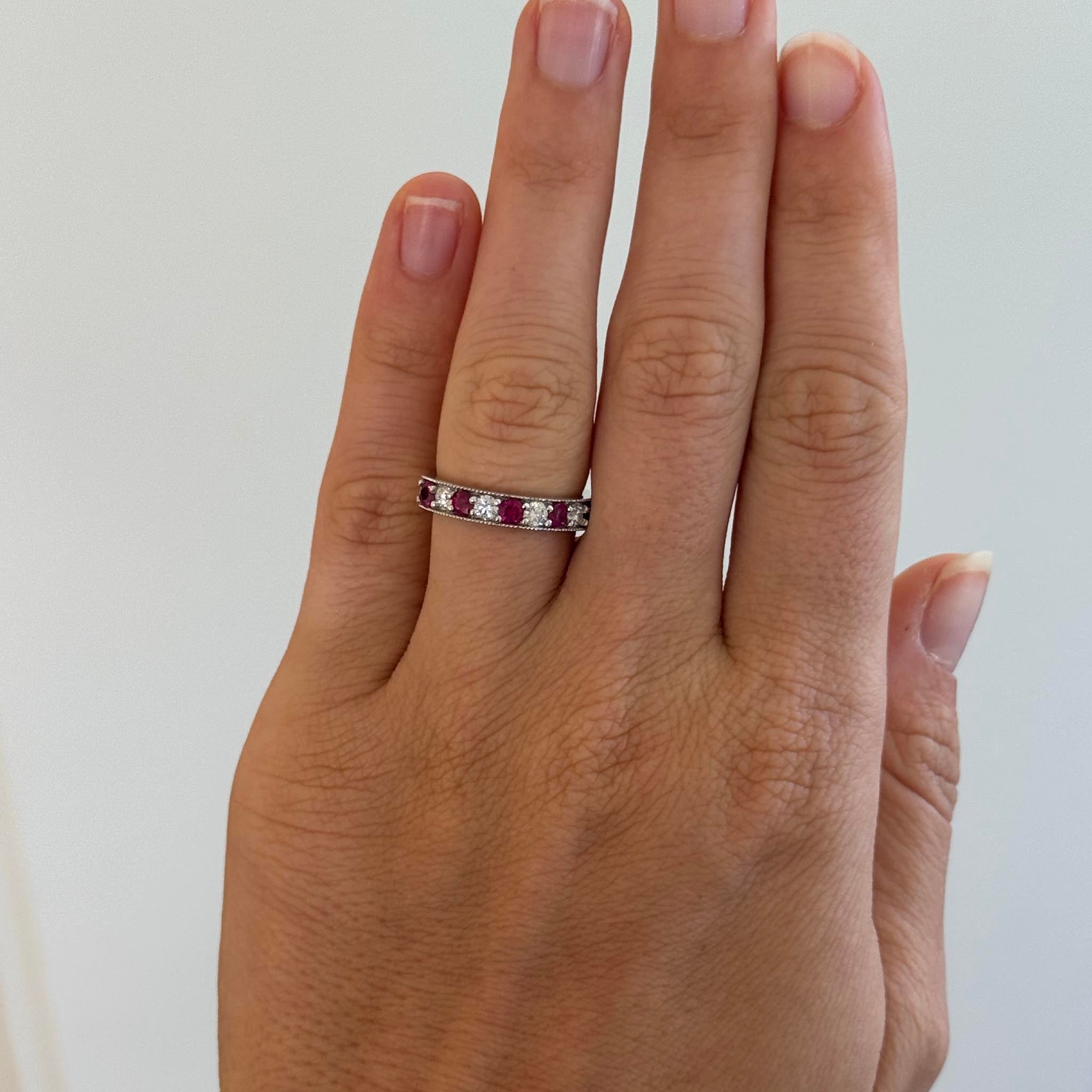 Ruby & Diamond 14K White Gold Milgrain Halfway Band