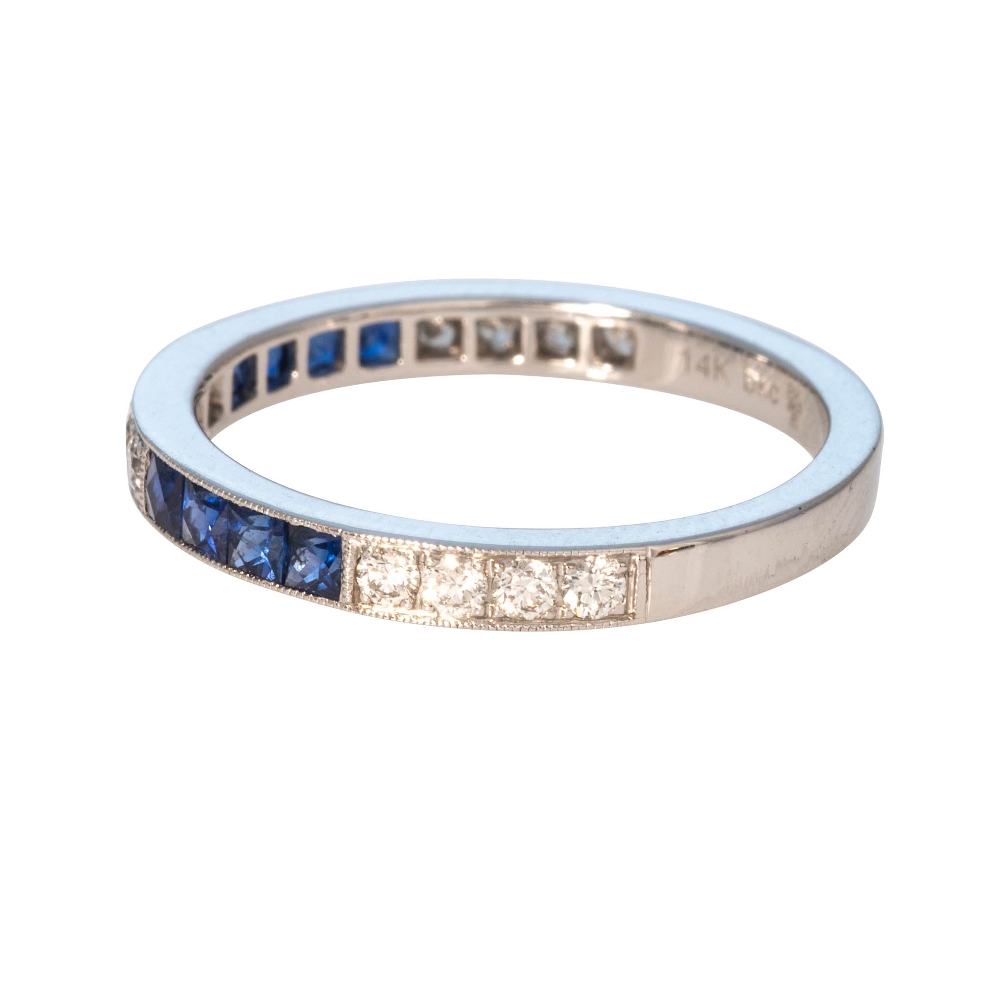 French-Cut Sapphire & Round Diamond Milgrain 14K White Gold Band