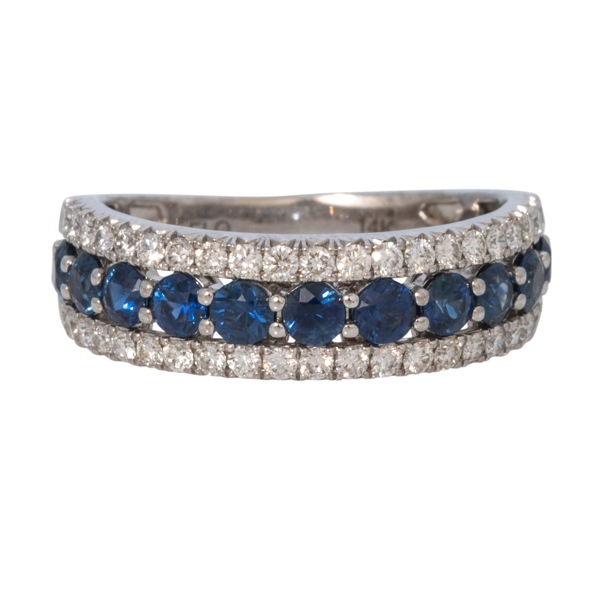 Round Sapphire & Diamond 3-Row 14K White Gold Ring