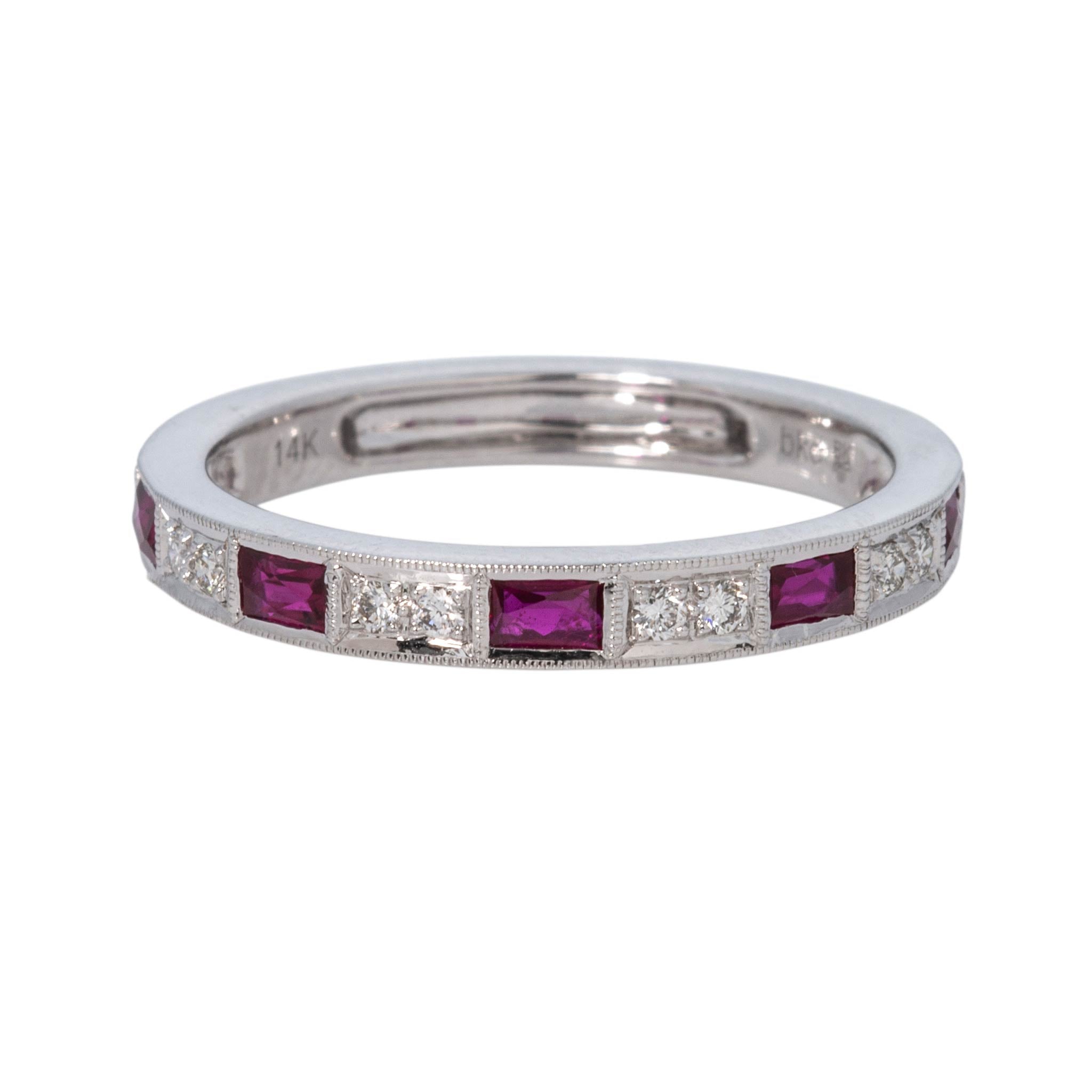 French-Cut Ruby & Round Diamond 14K White Gold Milgrain Band