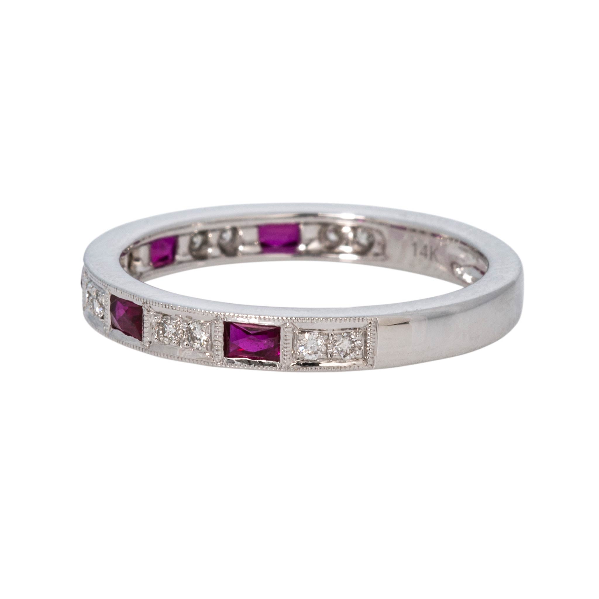French-Cut Ruby & Round Diamond 14K White Gold Milgrain Band