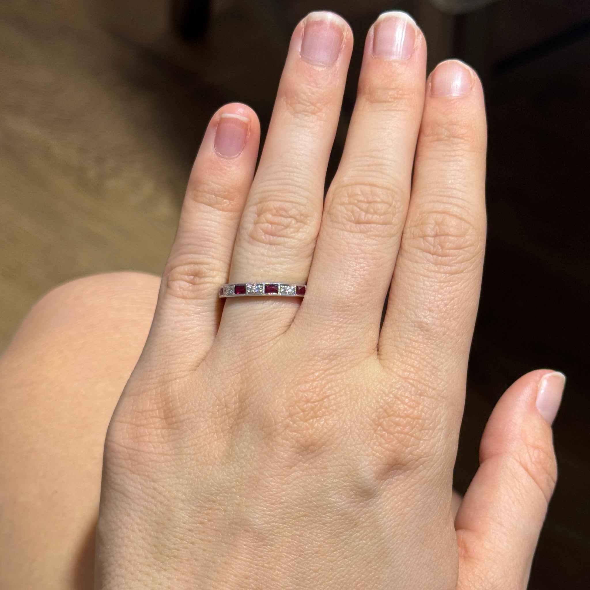 French-Cut Ruby & Round Diamond 14K White Gold Milgrain Band