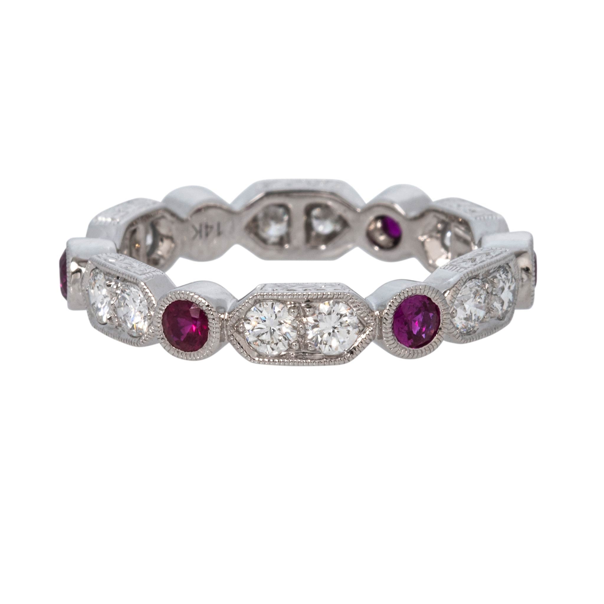Diamond & Ruby 14K White Gold Milgrain Eternity Band