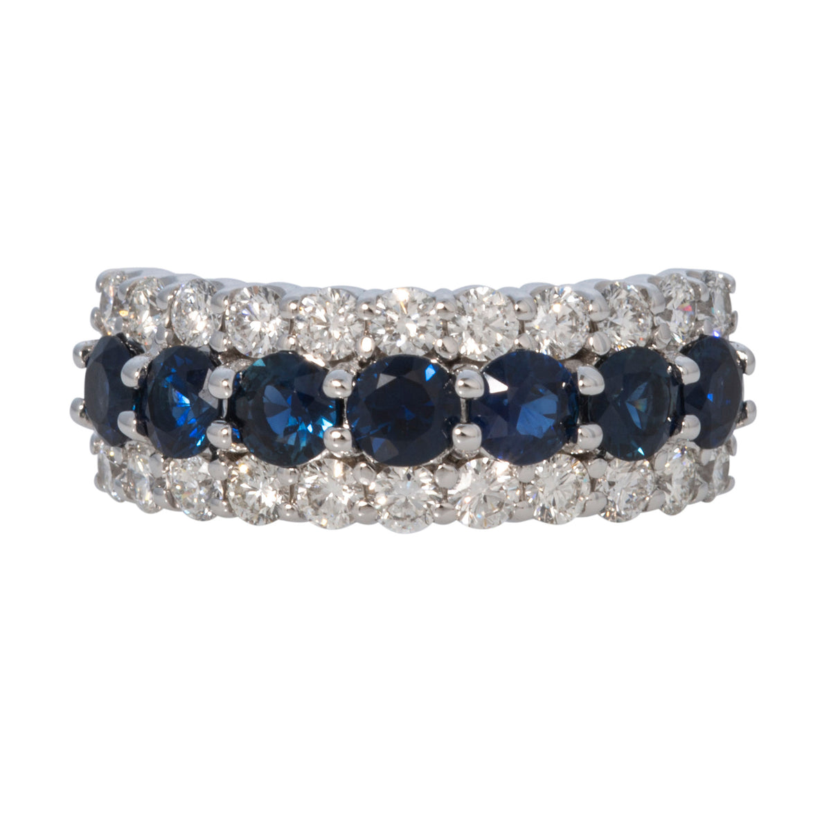 Round Sapphire & Diamond 3-Row 14K White Gold Ring