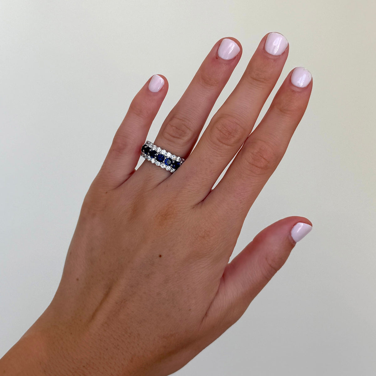 Round Sapphire & Diamond 3-Row 14K White Gold Ring