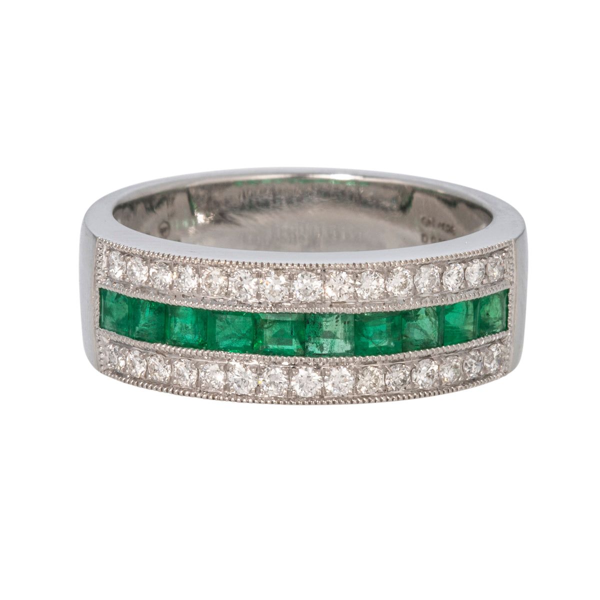 Channel-Set Emerald & Pavé Diamond 14K White Gold Band