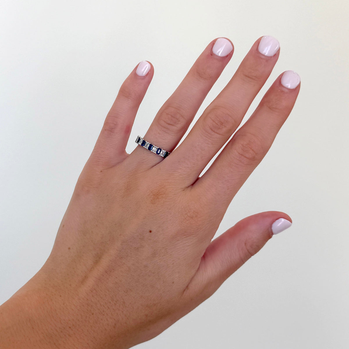 Emerald-Cut Sapphire & Diamond 18K White Gold Halfway Band