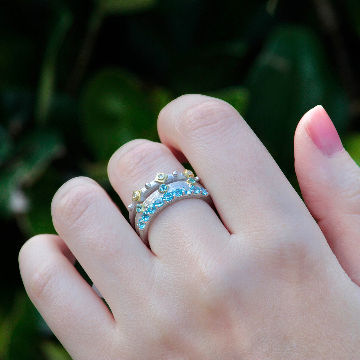 Sloane Street Sterling Silver Blue Topaz Double Band with 18K Gold Bezels