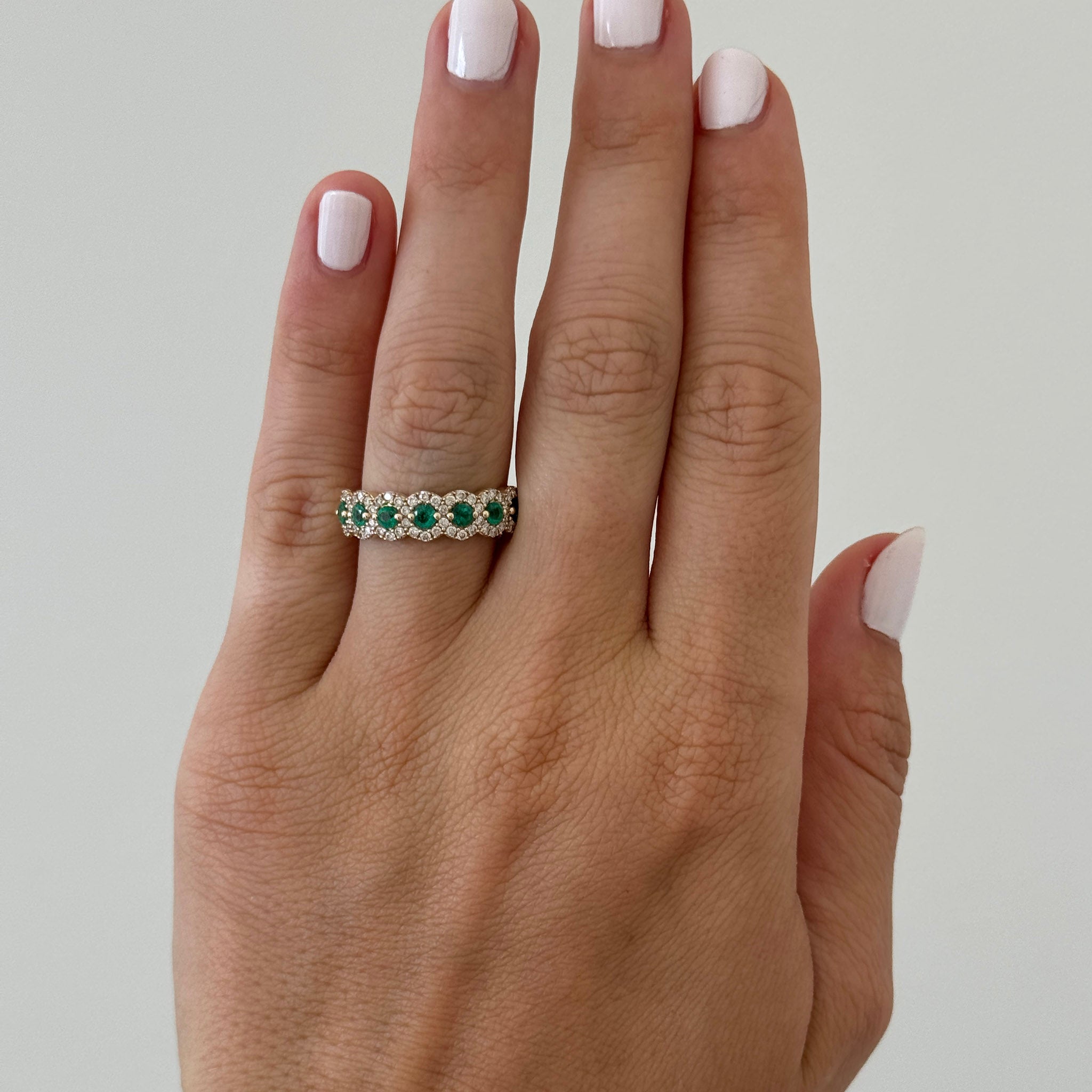 Emerald & Diamond Halo Pavé 14K Yellow Gold Band