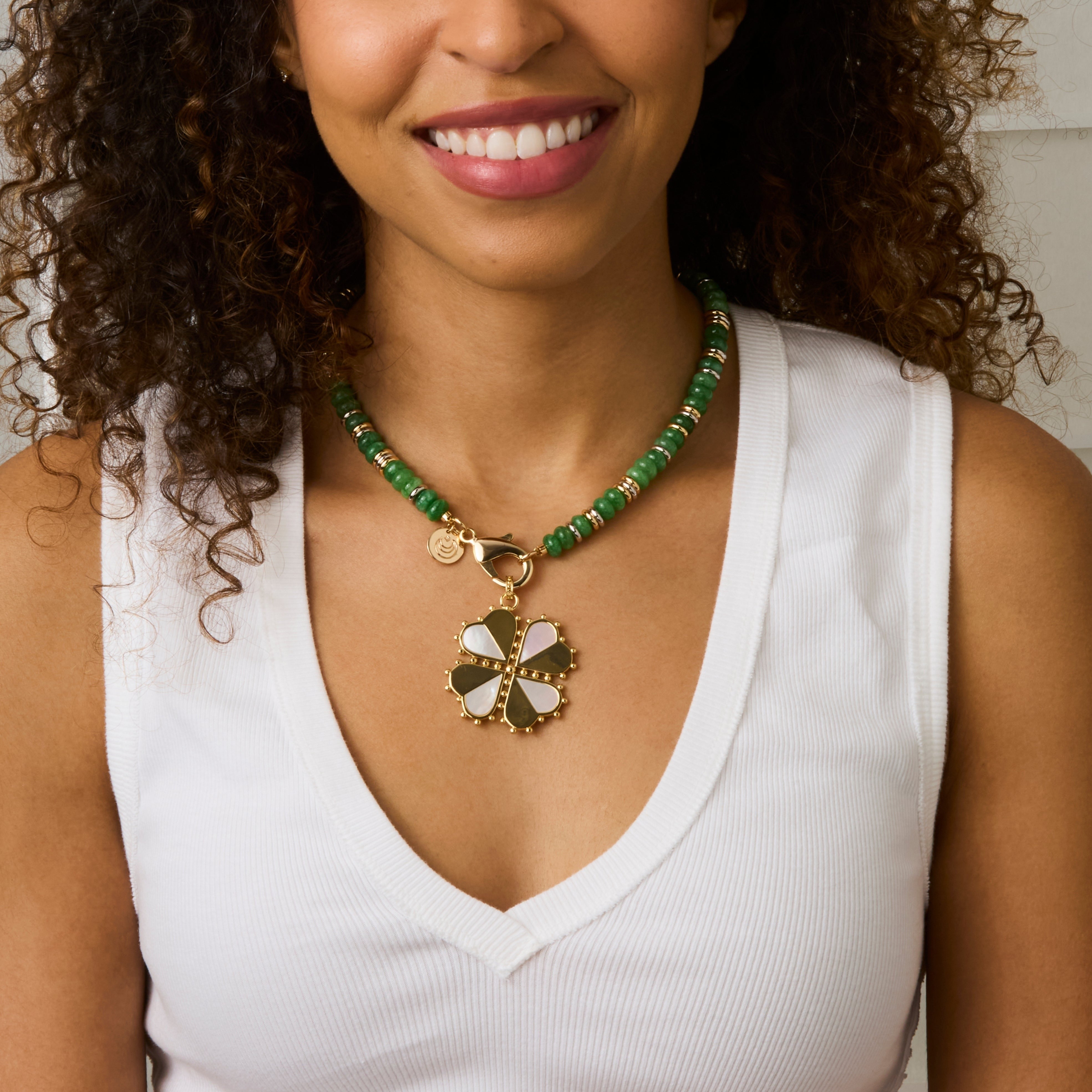 Jane Win Green Jade Gumdrop Beaded Necklace 16"