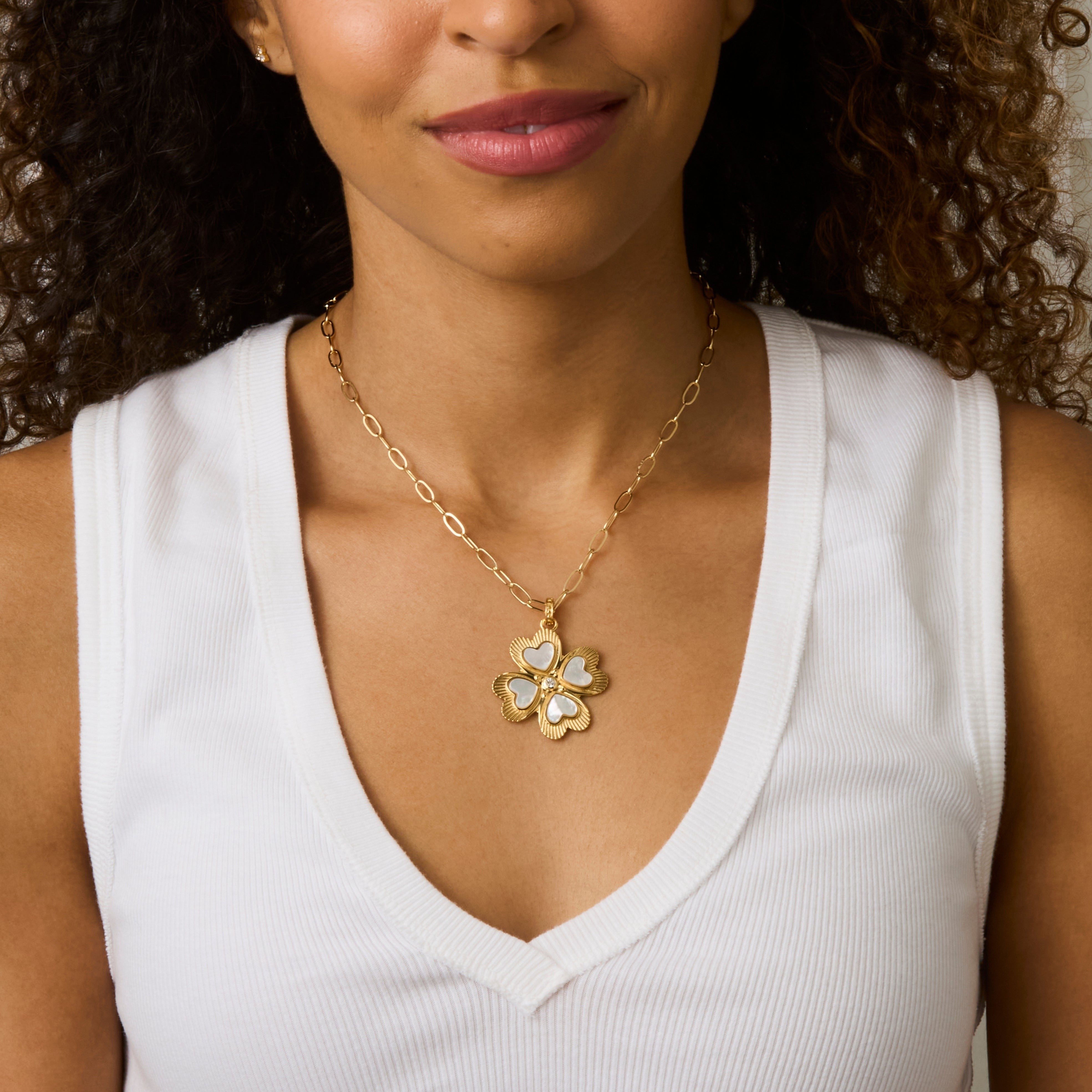Jane Win LUCKY in Love Mother of Pearl Clover Pendant Necklace
