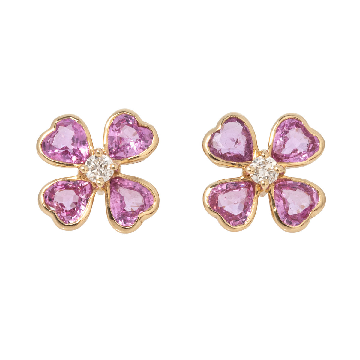 Pink Sapphire & Diamond 14K Gold Clover Stud Earrings on a white background.