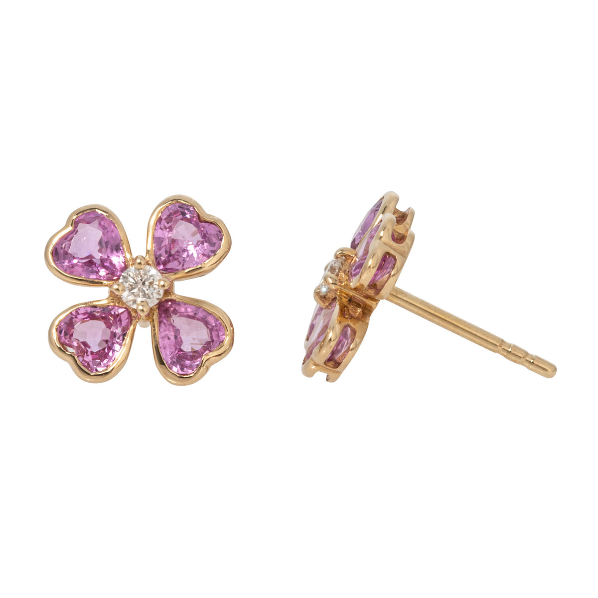 Pink Sapphire & Diamond 14K Gold Clover Stud Earrings, one facing forward and one turned to the side on a white background.