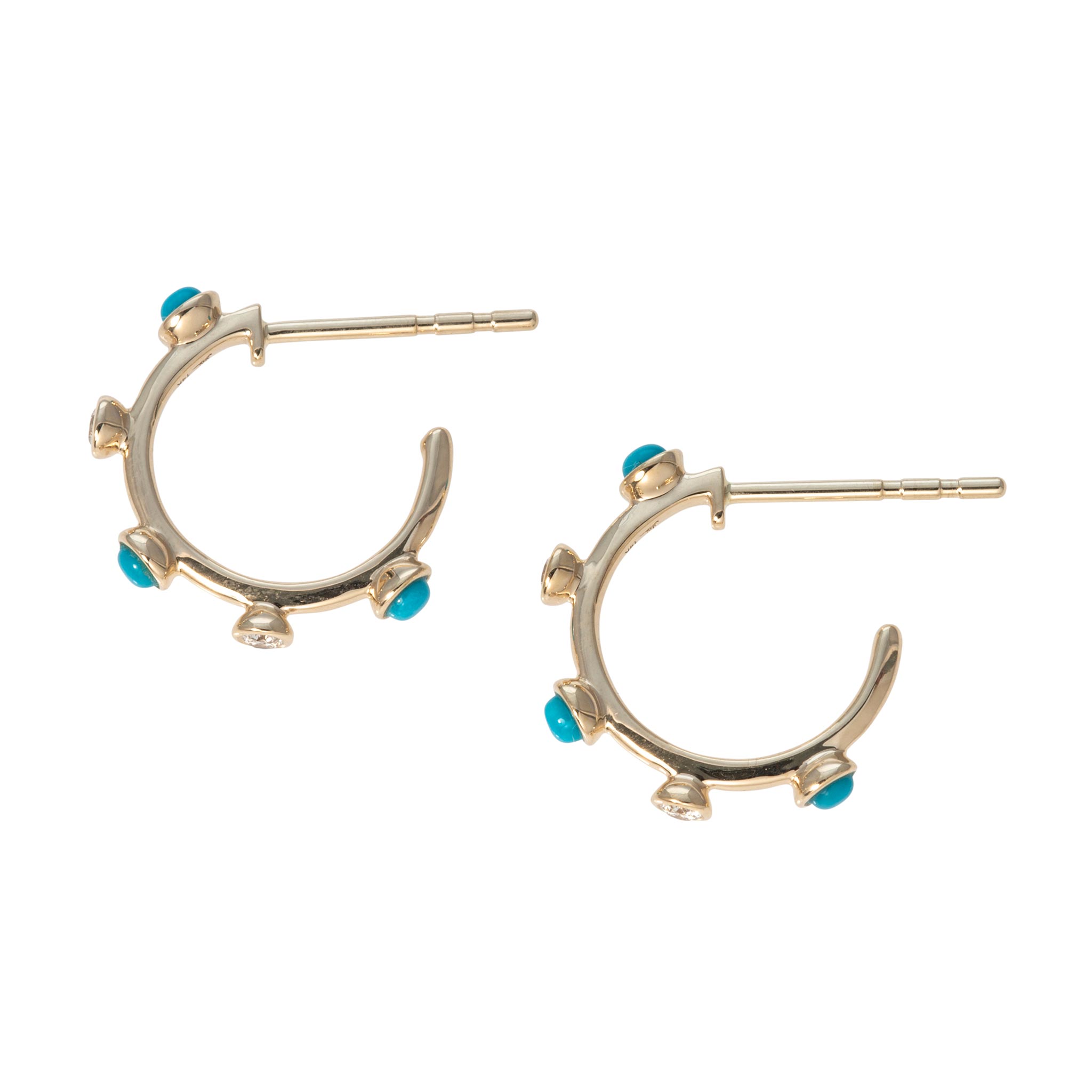 Turquoise & Diamond Bezel Set 14K Yellow Gold Hoop Earrings