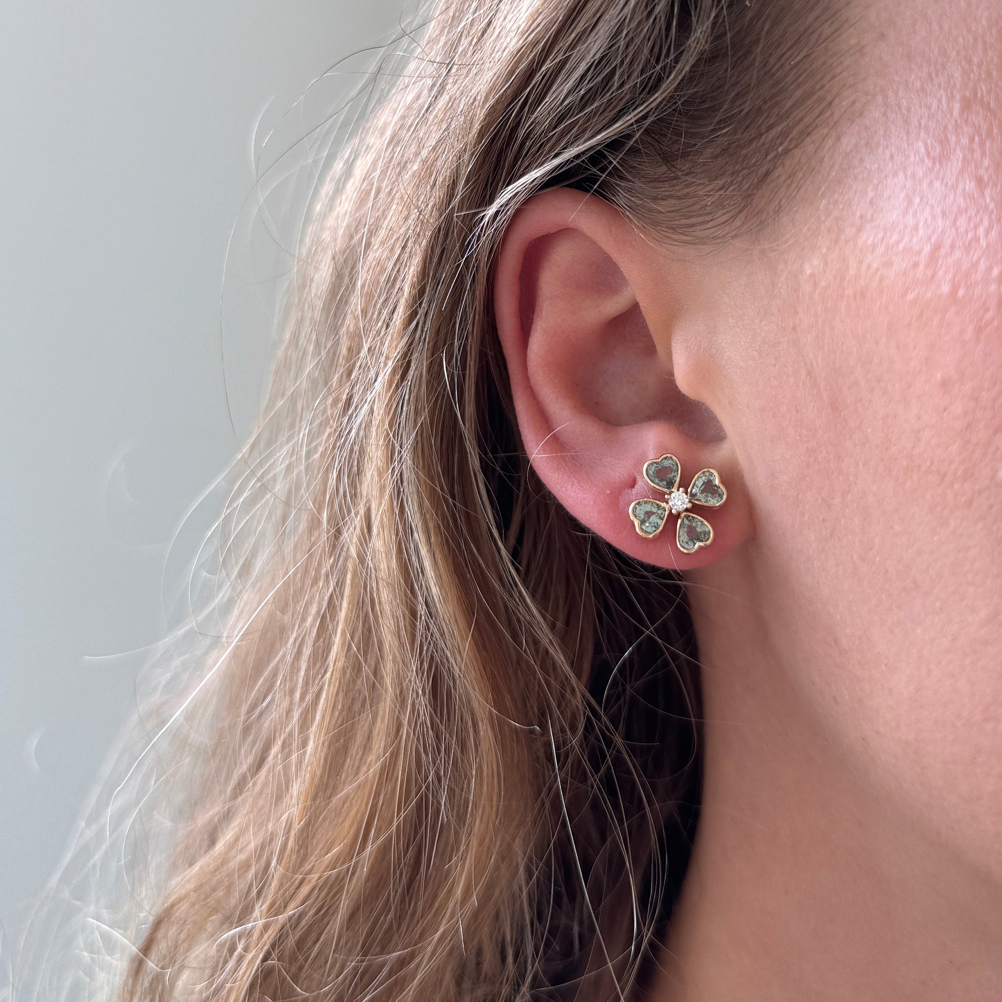 Light Green Sapphire & Diamond 14K Gold Clover Stud Earrings