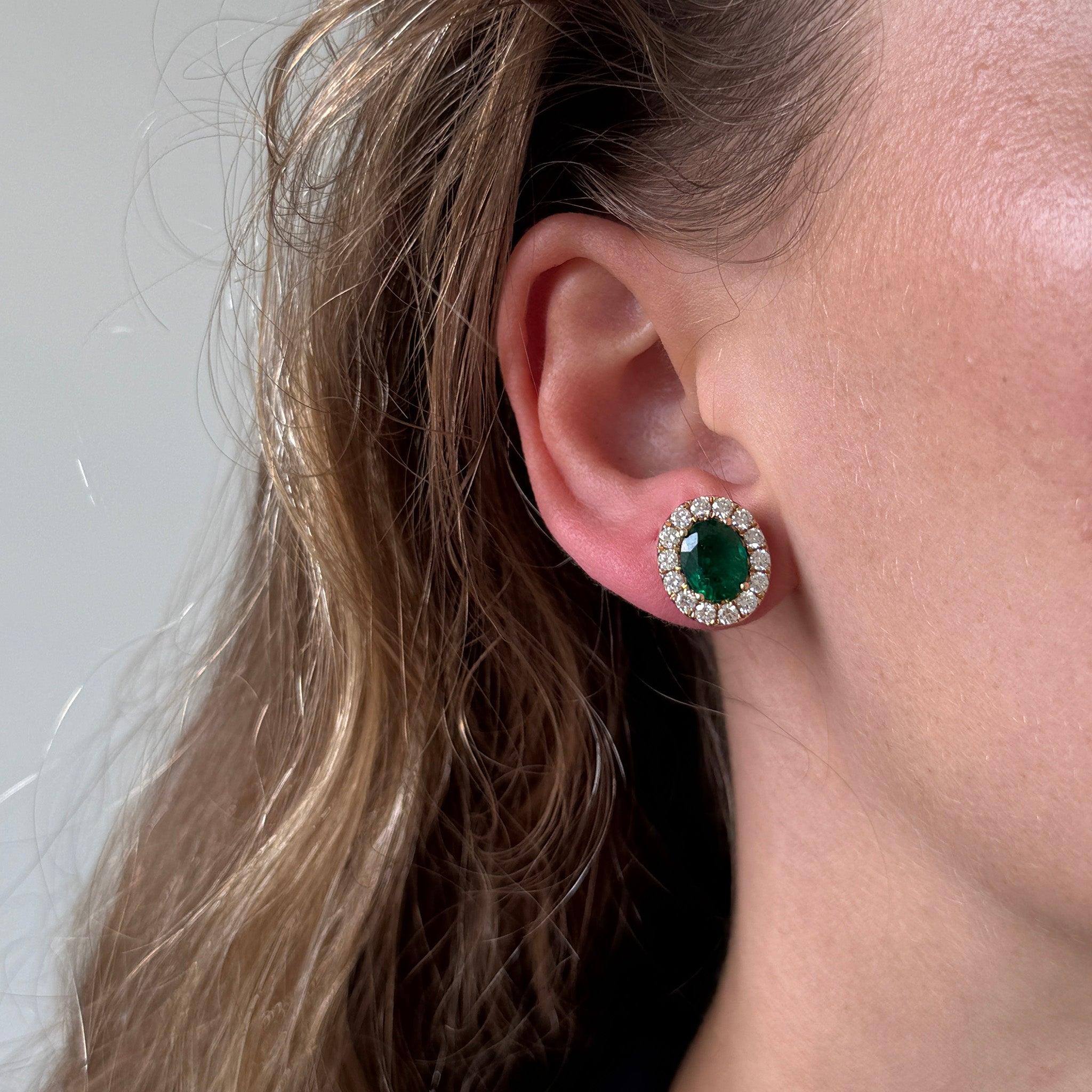 3.92ctw Oval Emerald & Diamond Cluster 18K Gold Stud Earrings