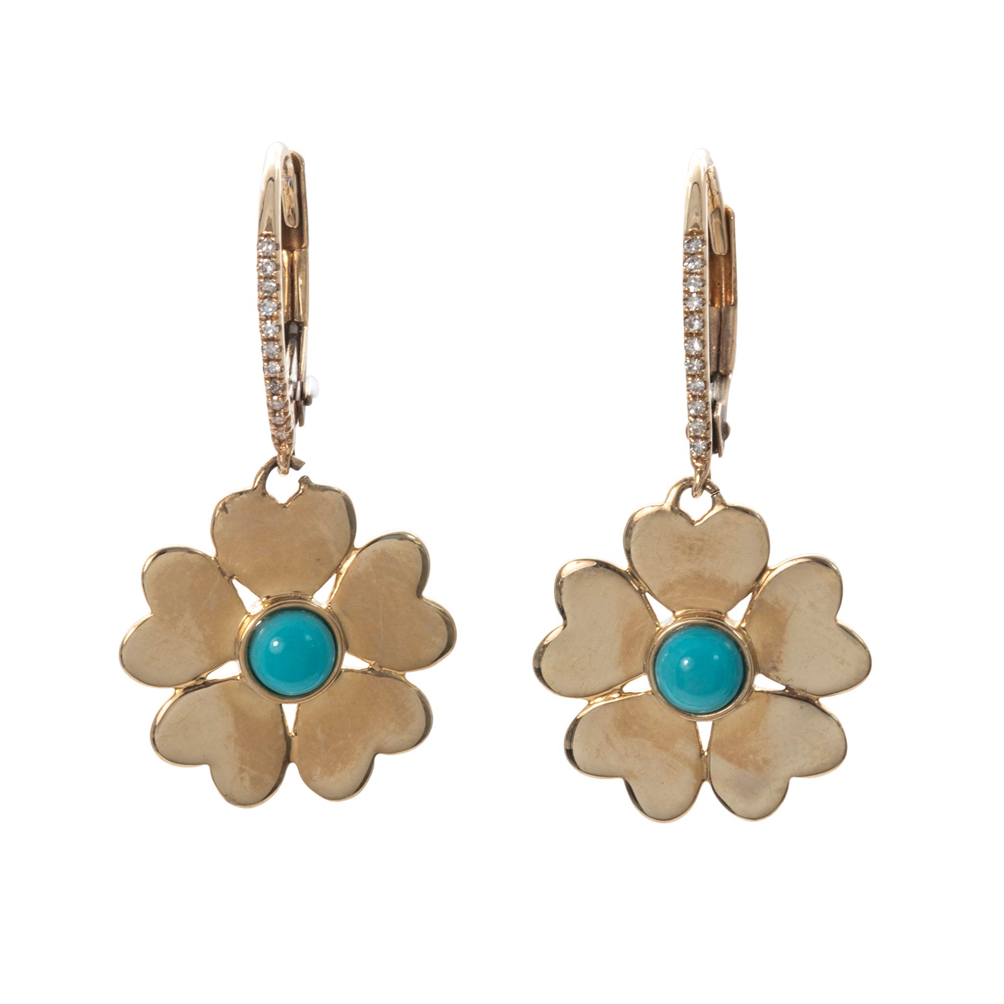 Turquoise & Diamond Pavé 14K Gold Flower Drop Earrings