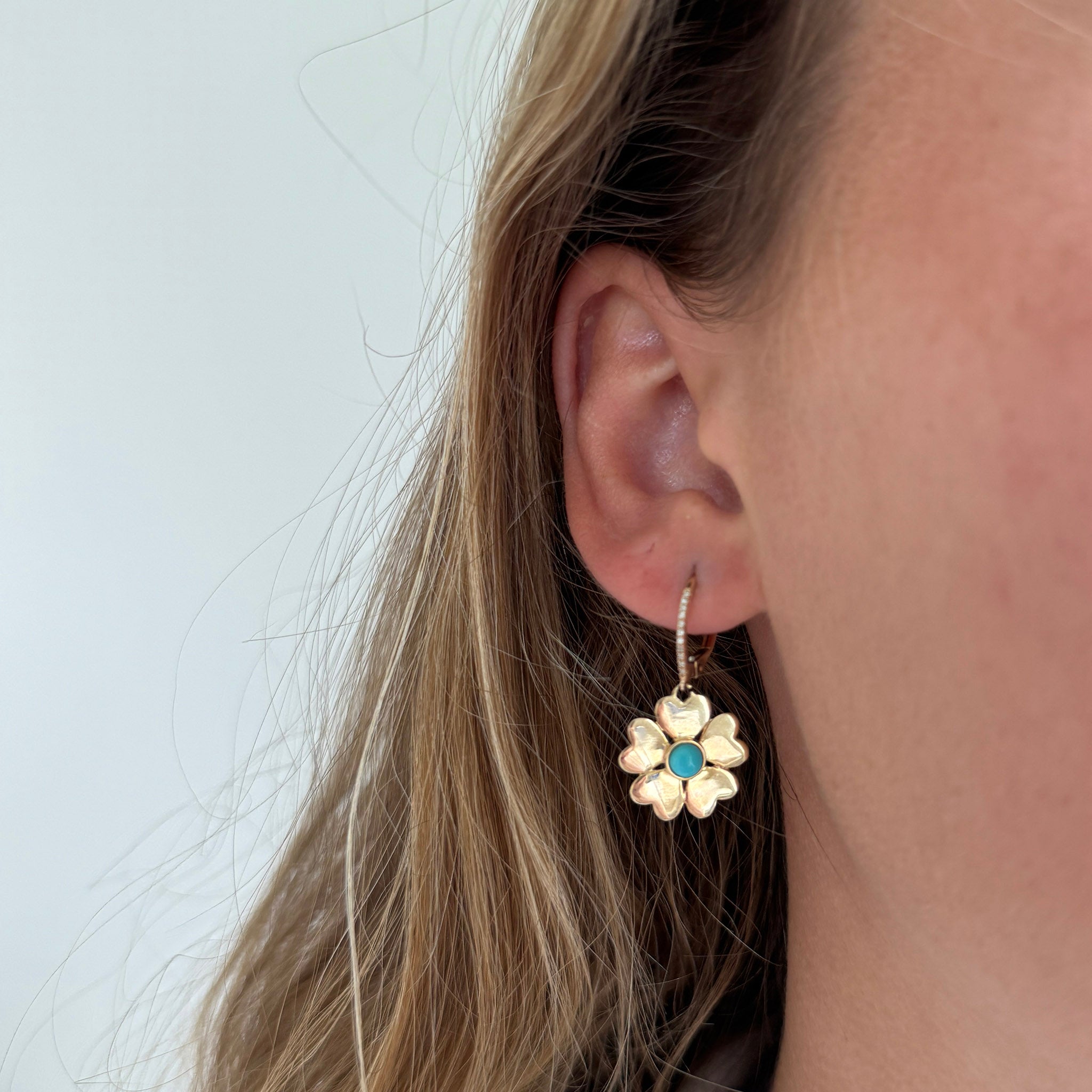 Turquoise & Diamond Pavé 14K Gold Flower Drop Earrings