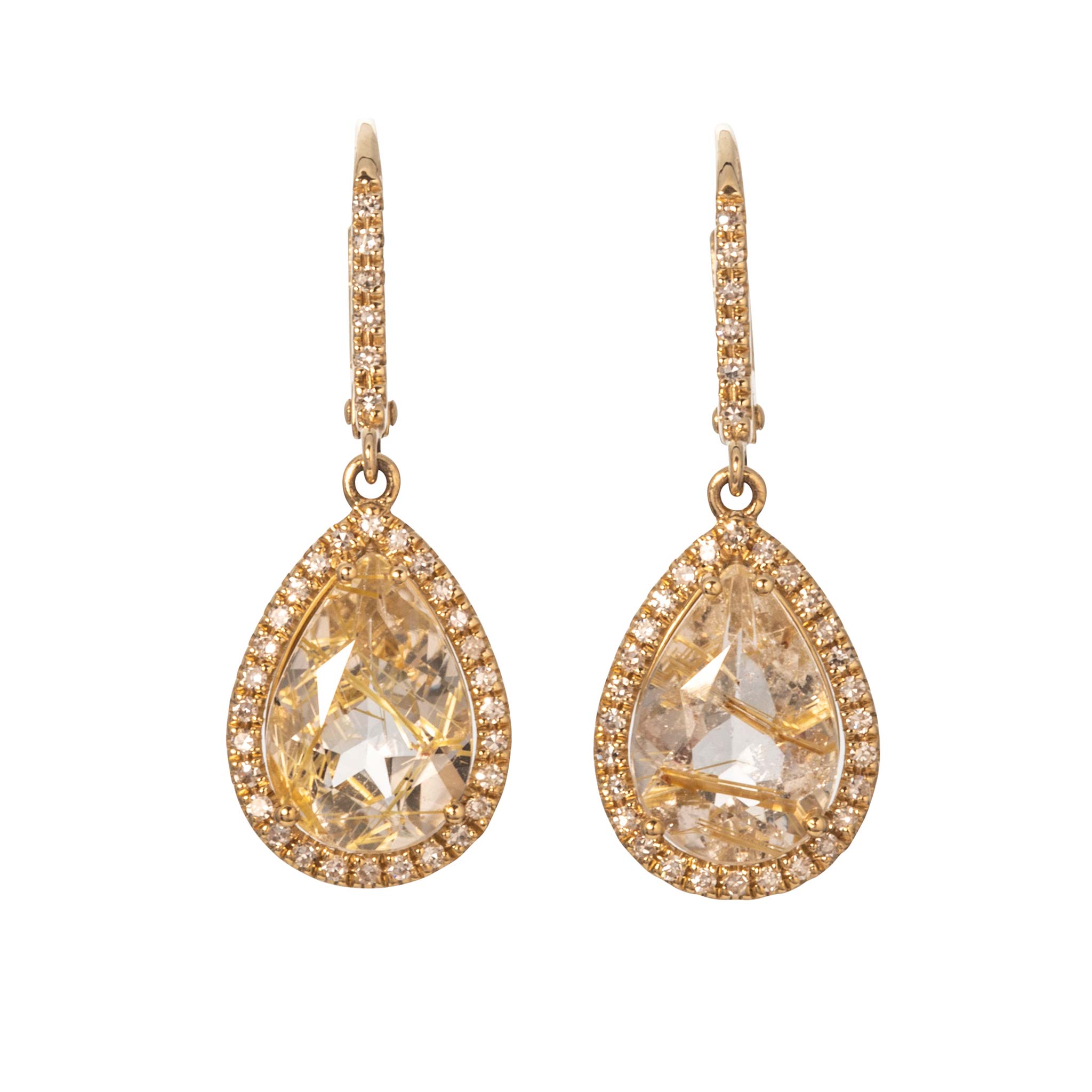 Rutilated Quartz & Diamond Pavé Drop 14K Yellow Gold Earrings
