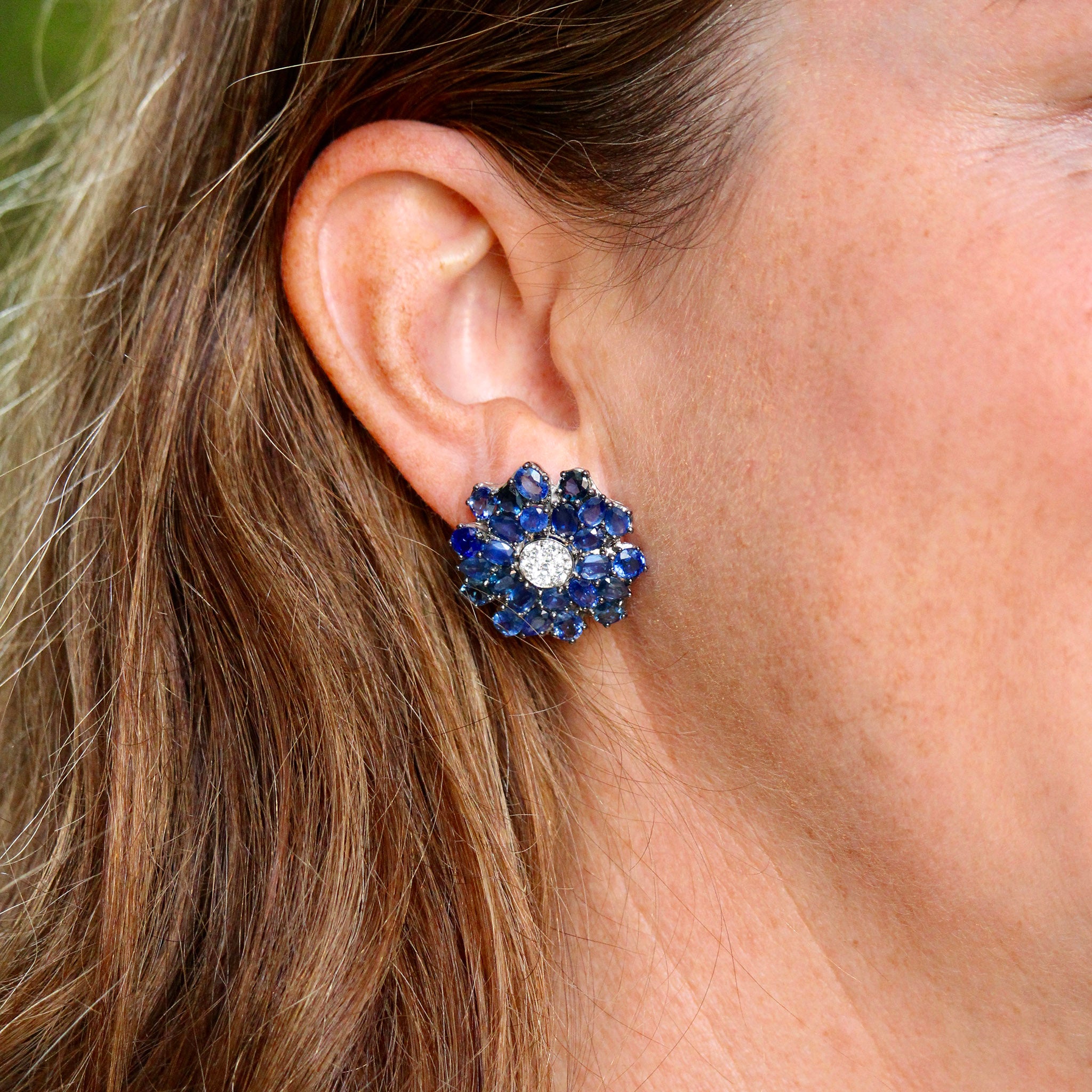 13ctw Sapphire & Diamond 14K Gold Floral Cluster Earrings