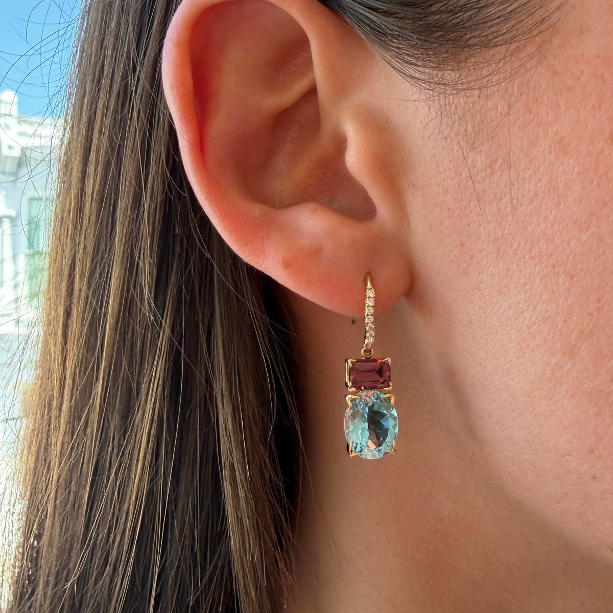 Blue Topaz & Pink Tourmaline 14K Gold River Earrings