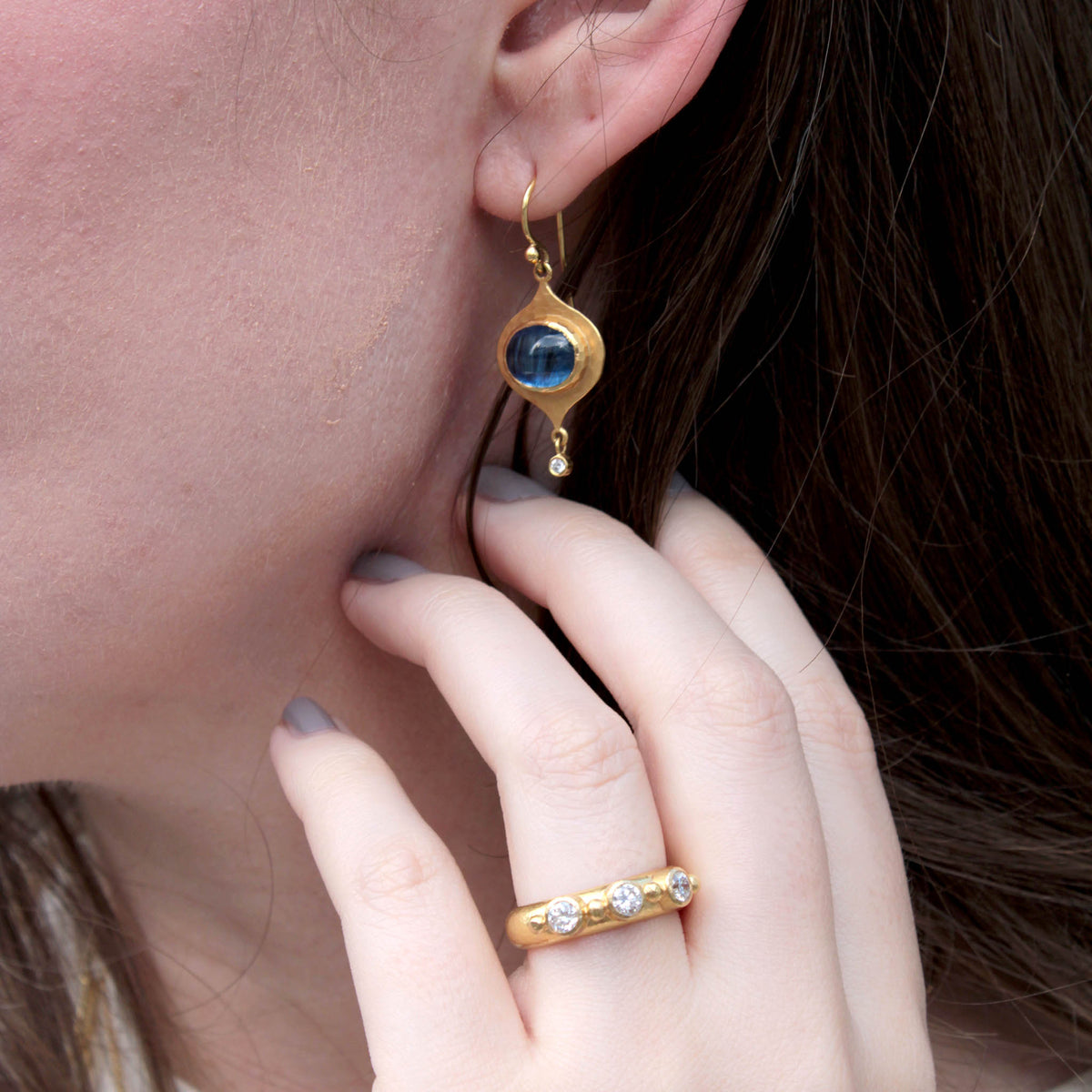 Oval Cabochon Kyanite & Diamond 14K Yellow Gold Drop Earrings