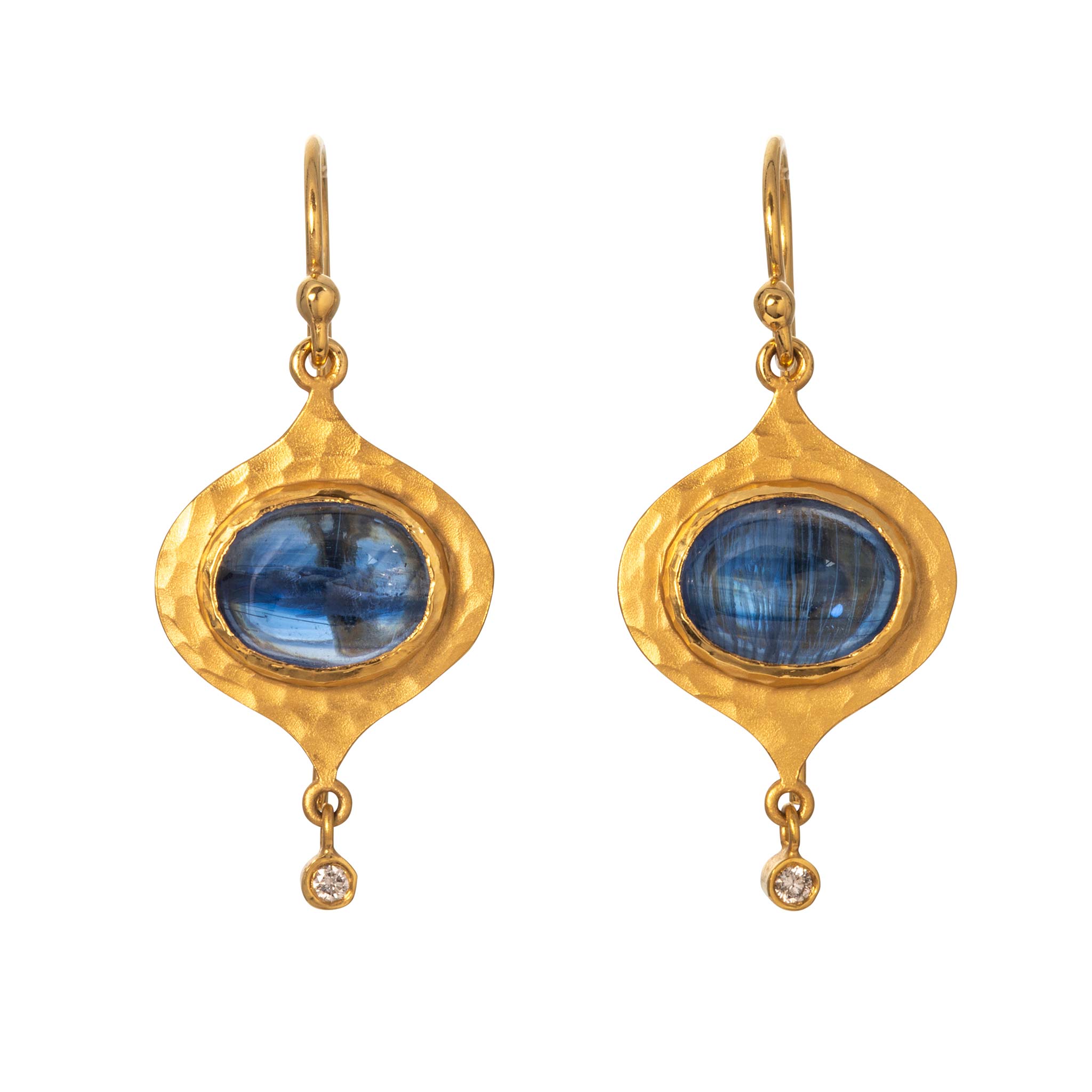 Oval Cabochon Kyanite & Diamond 14K Yellow Gold Drop Earrings