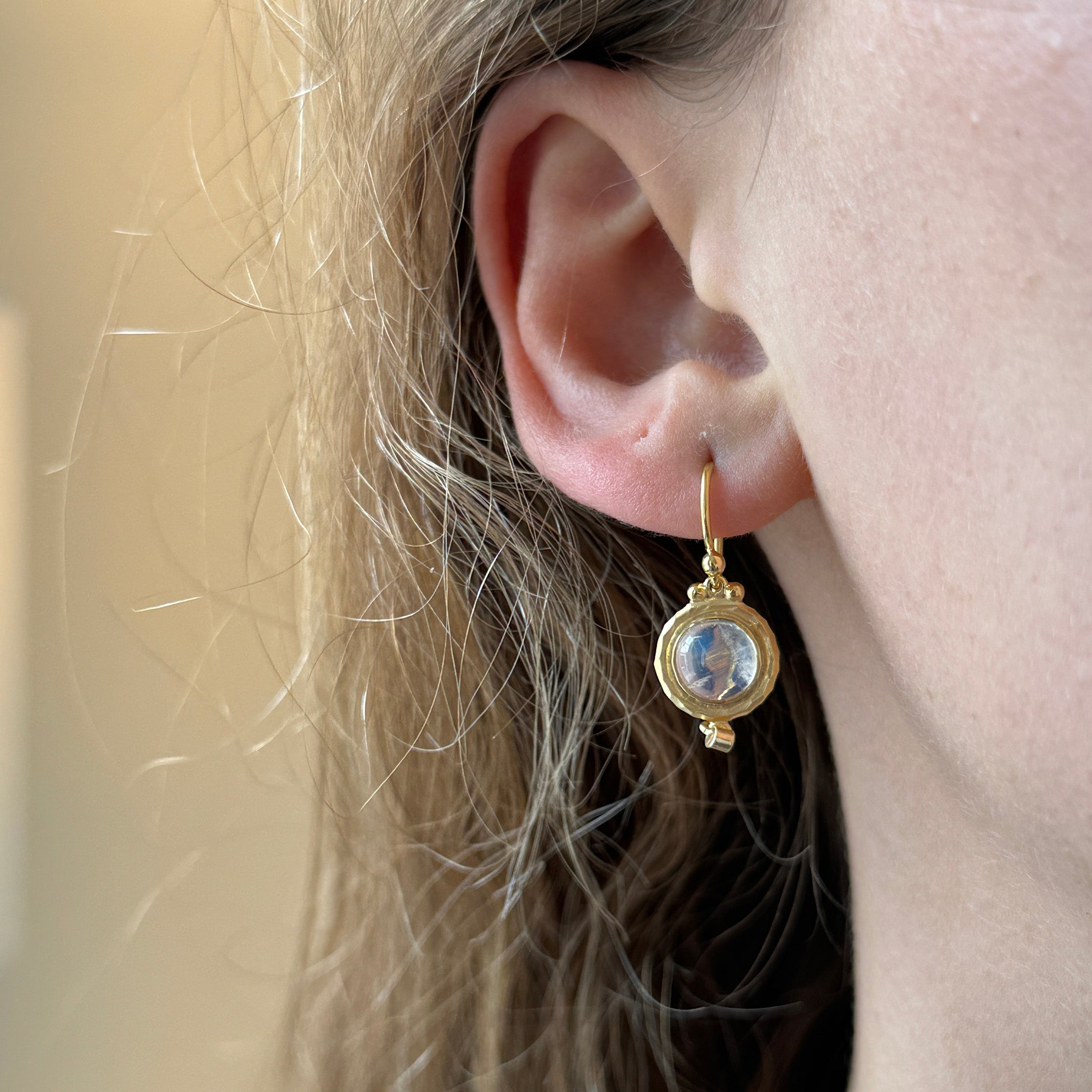 Round Cabochon Moonstone & Diamond 14K Yellow Gold Drop Earrings