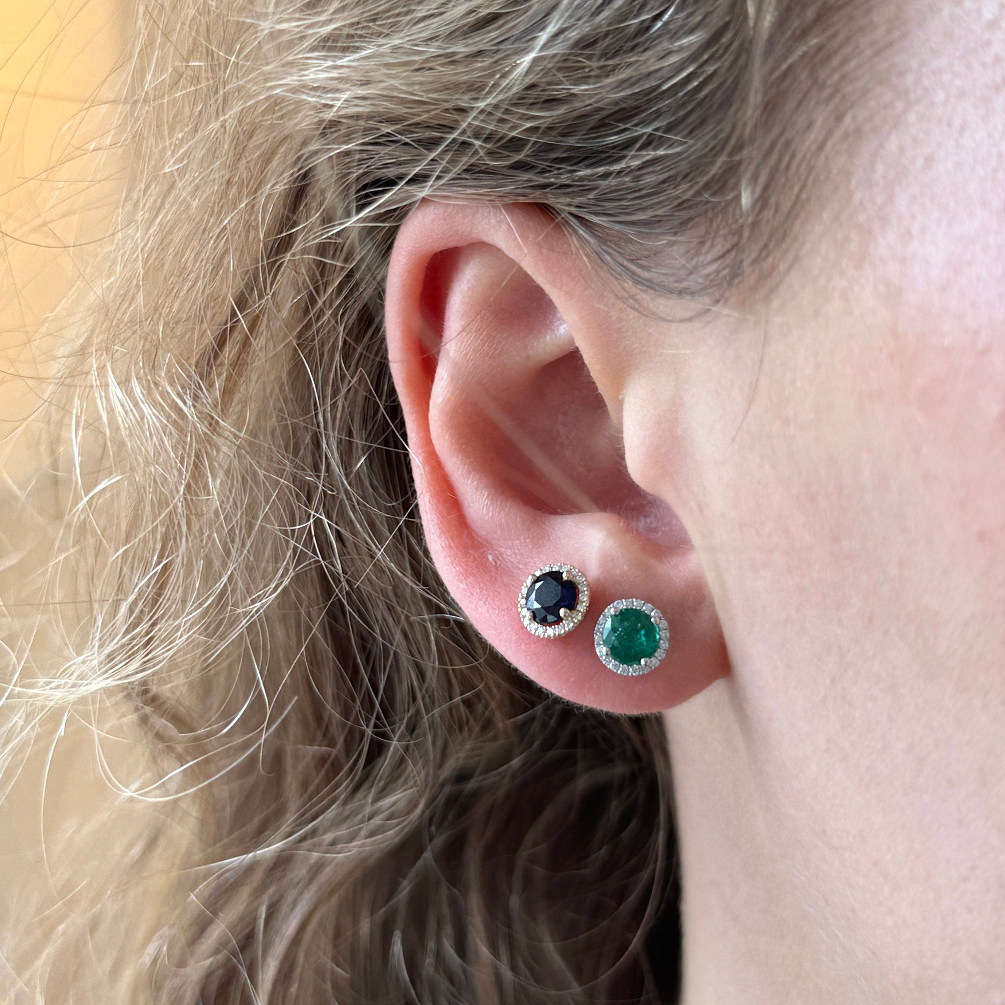 1ctw Round Sapphire & Diamond Halo 14K Yellow Gold Stud Earrings, .91ctw Round Emerald & Diamond Halo 18K White Gold Stud Earrings