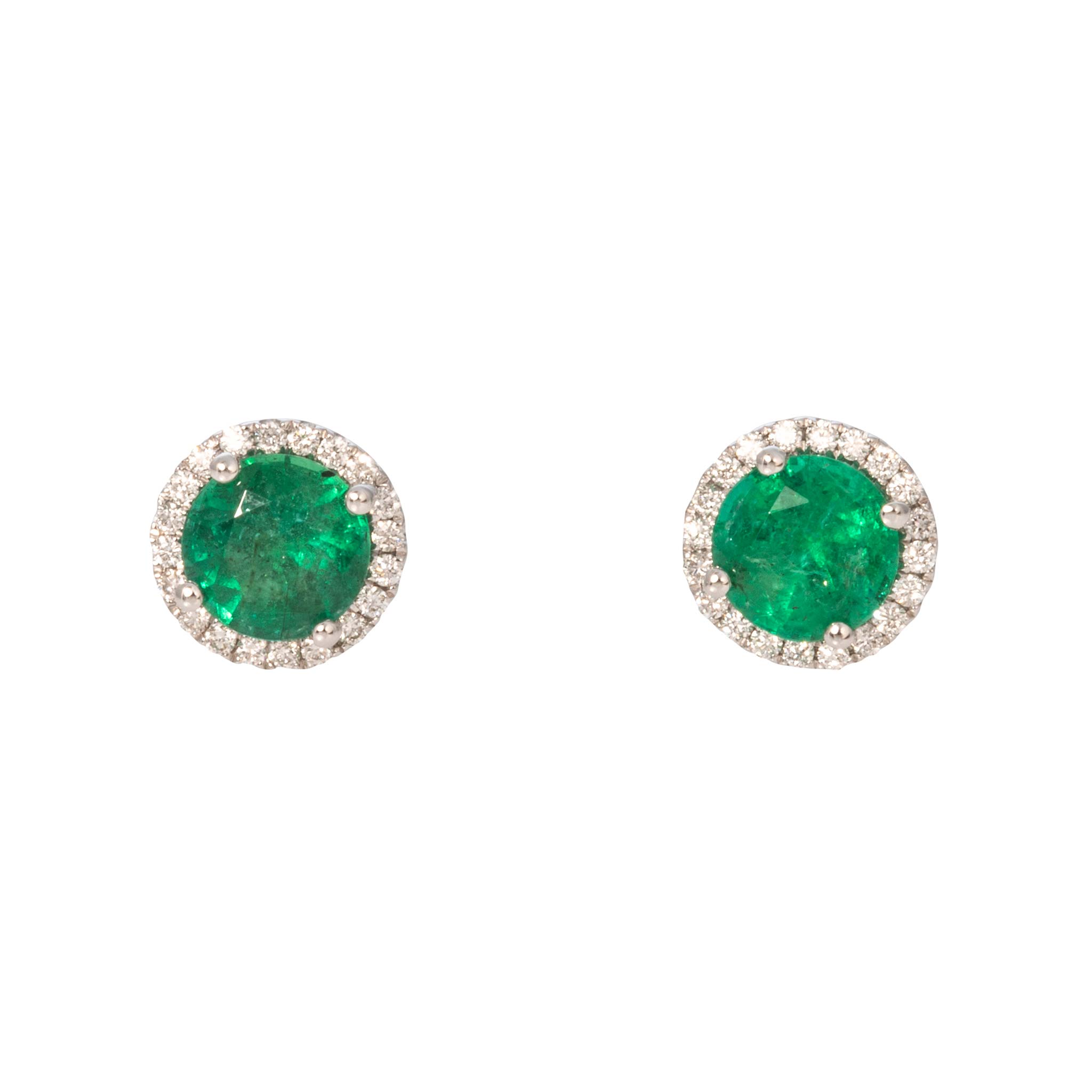 .91ctw Round Emerald & Diamond Halo 18K White Gold Stud Earrings