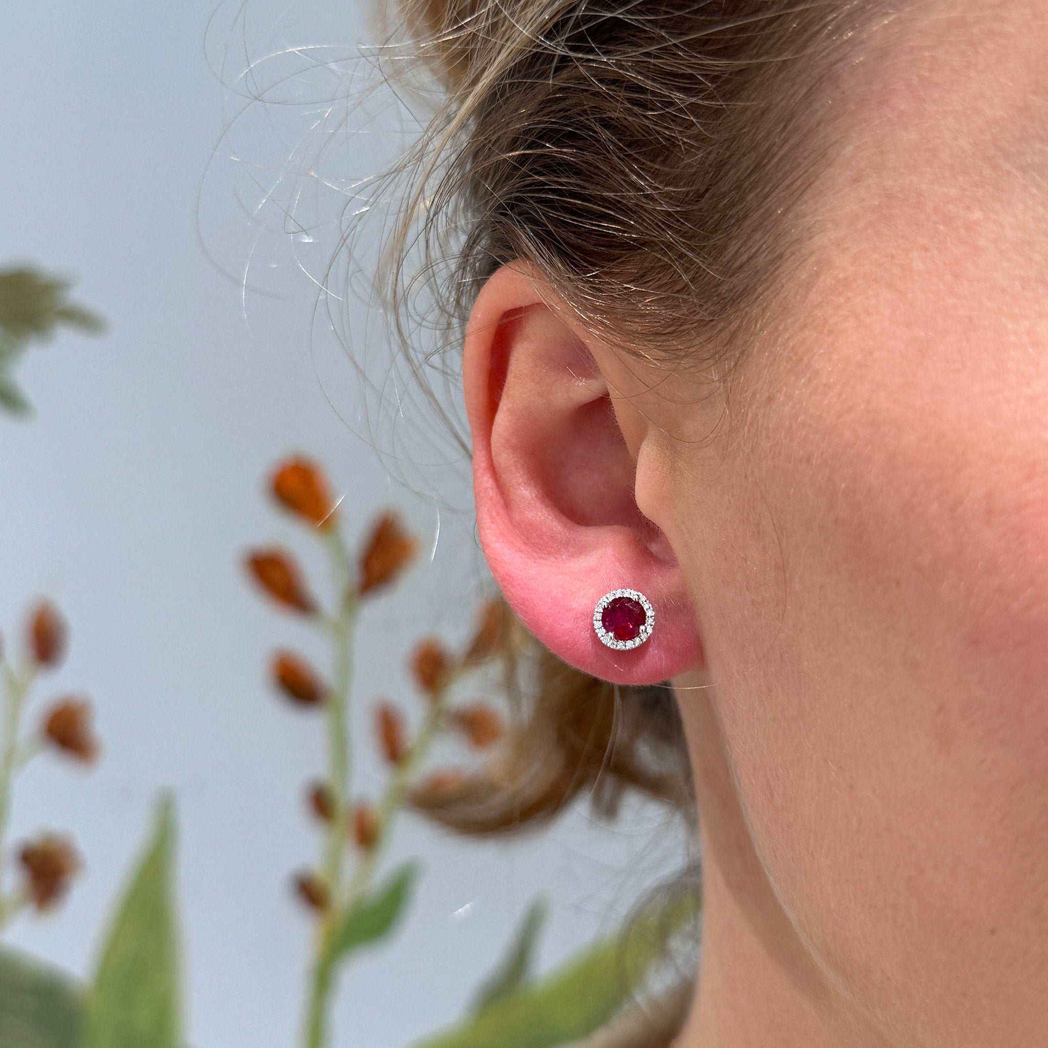 Ruby & Diamond Halo 18K White Gold Stud Earrings